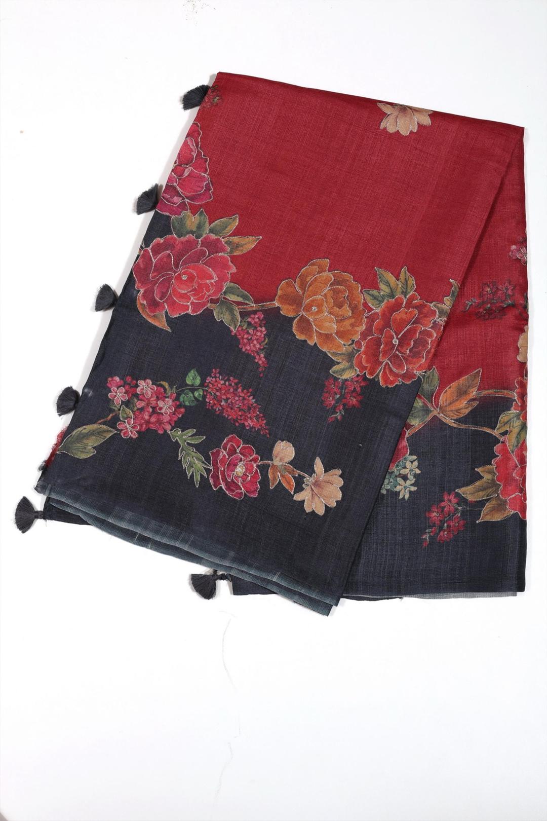 Red And Black Printed Tussar Saree F00693B