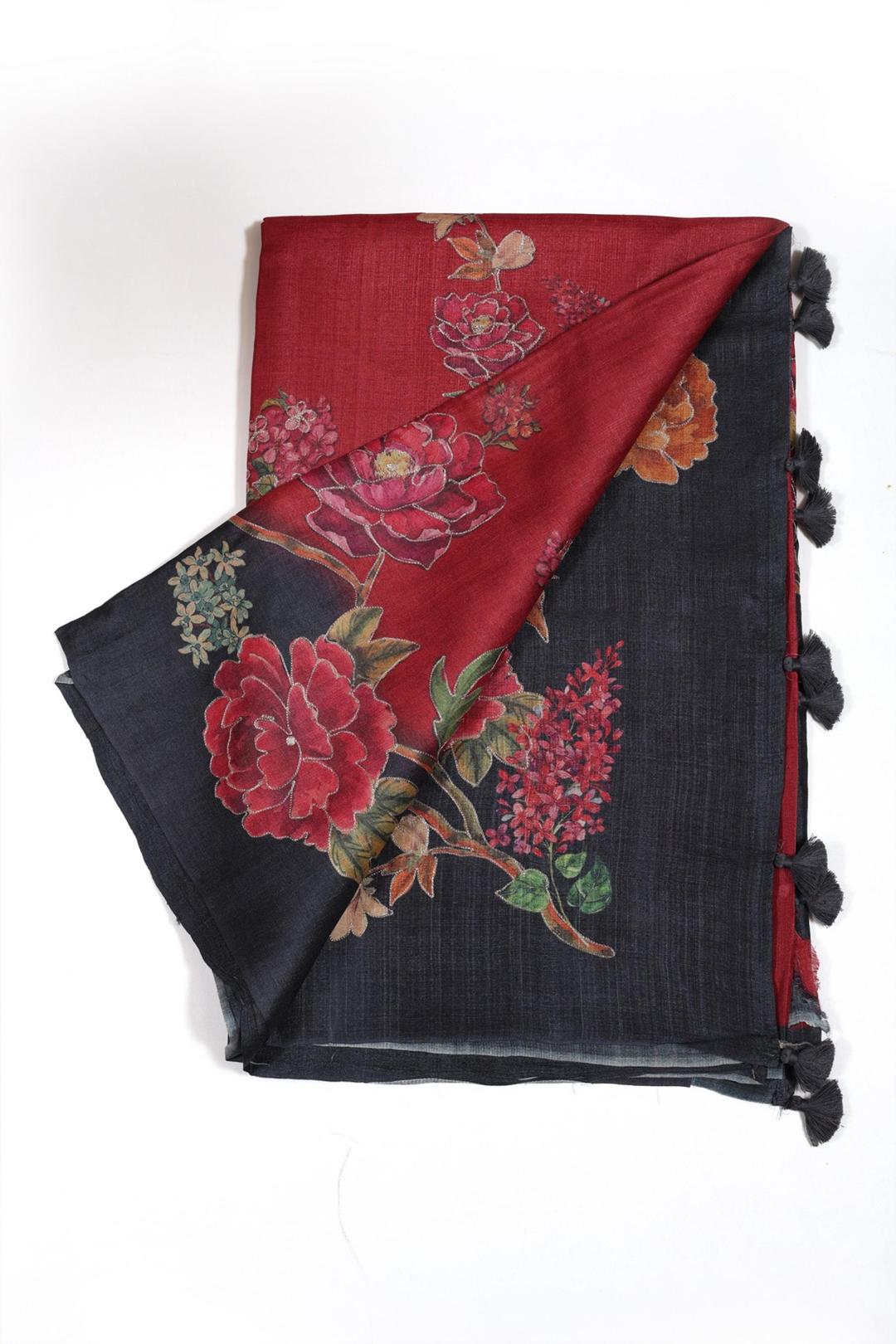 Red And Black Printed Tussar Saree F00693B