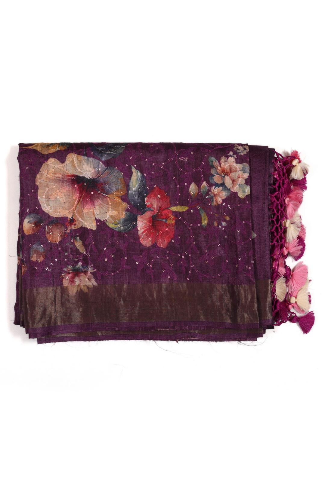 Violet Printed And Embroidered Tussar Saree F00117A