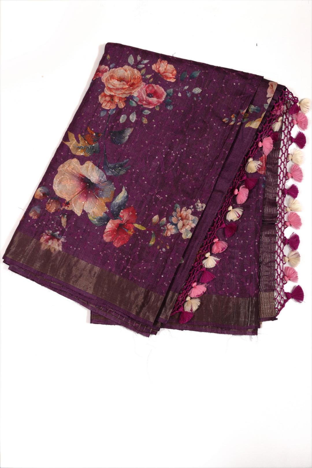 Violet Printed And Embroidered Tussar Saree F00117A