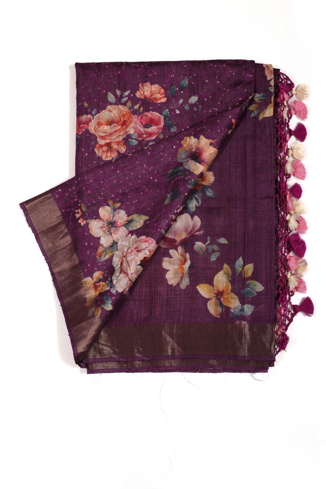 Violet Printed And Embroidered Tussar Saree F00117A