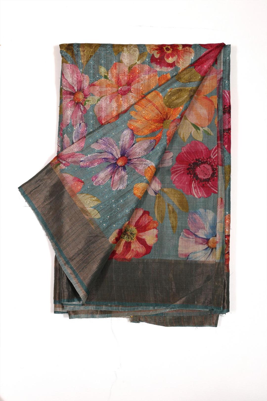 Blue Printed And Embroidered Tussar Saree F00117B