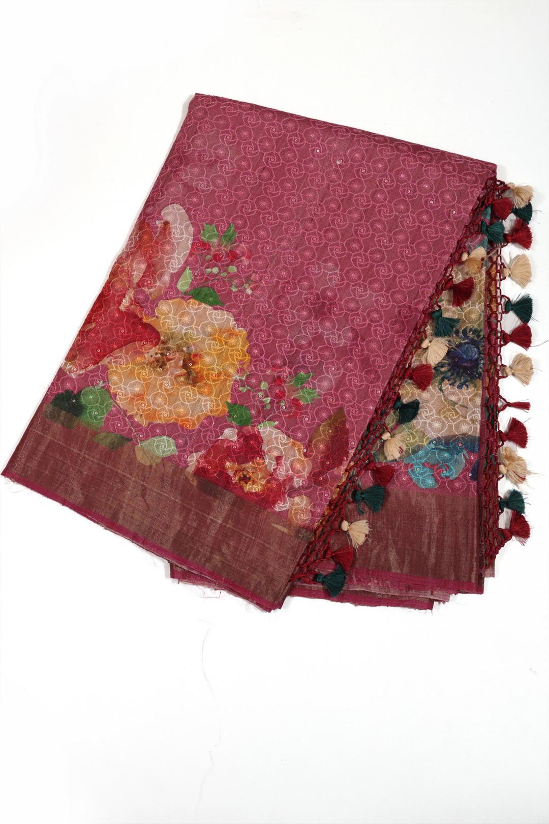 Pink Printed And Embroidered Tussar Saree F00117C