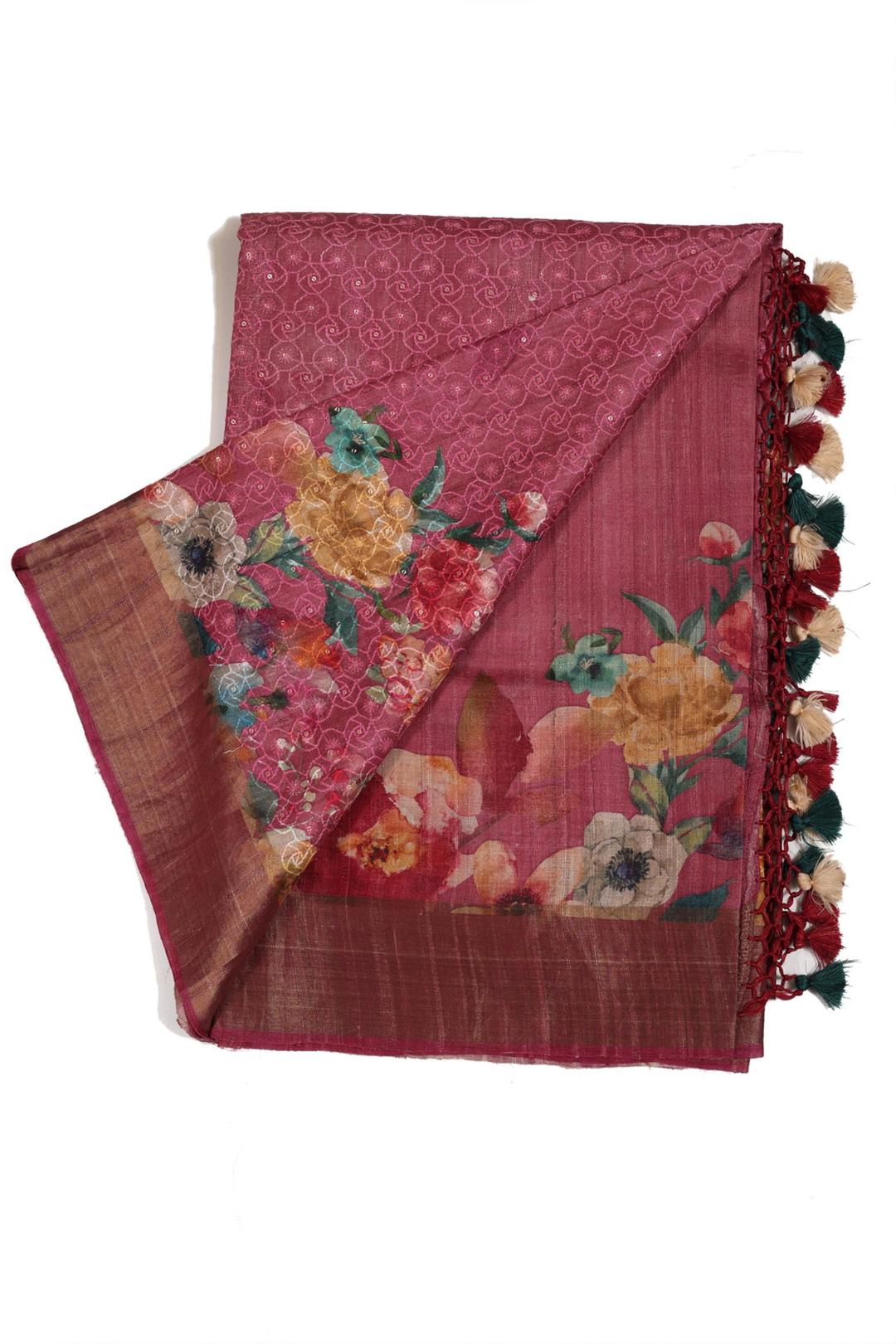 Pink Printed And Embroidered Tussar Saree F00117C