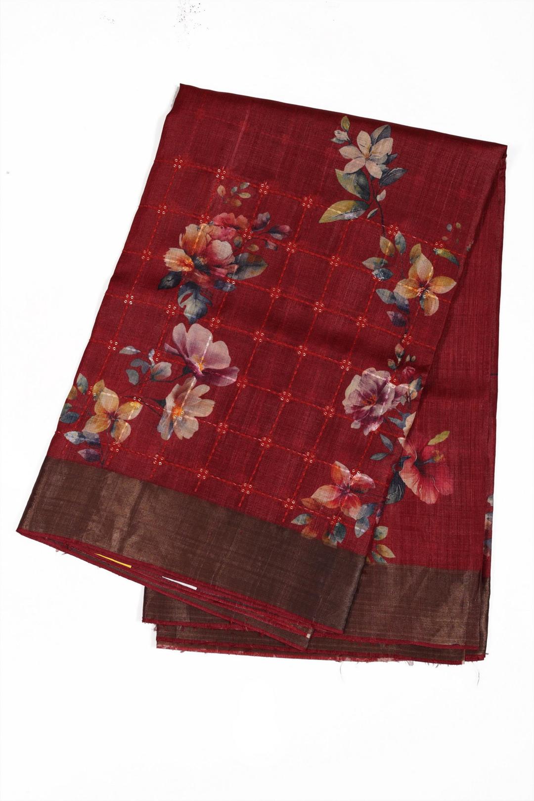 Red Printed And Embroidered Tussar Saree F01022