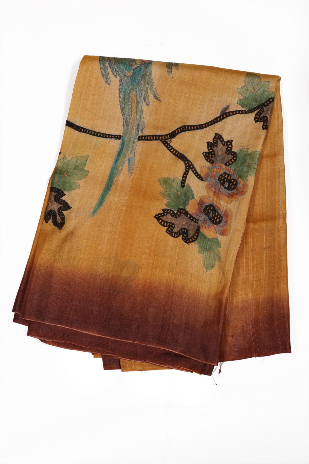 Mustard And Brown Printed Tussar Saree DS0356