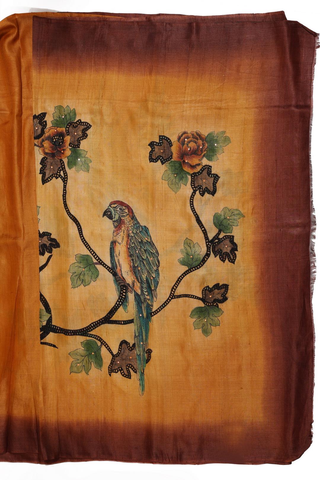 Mustard And Brown Printed Tussar Saree DS0356