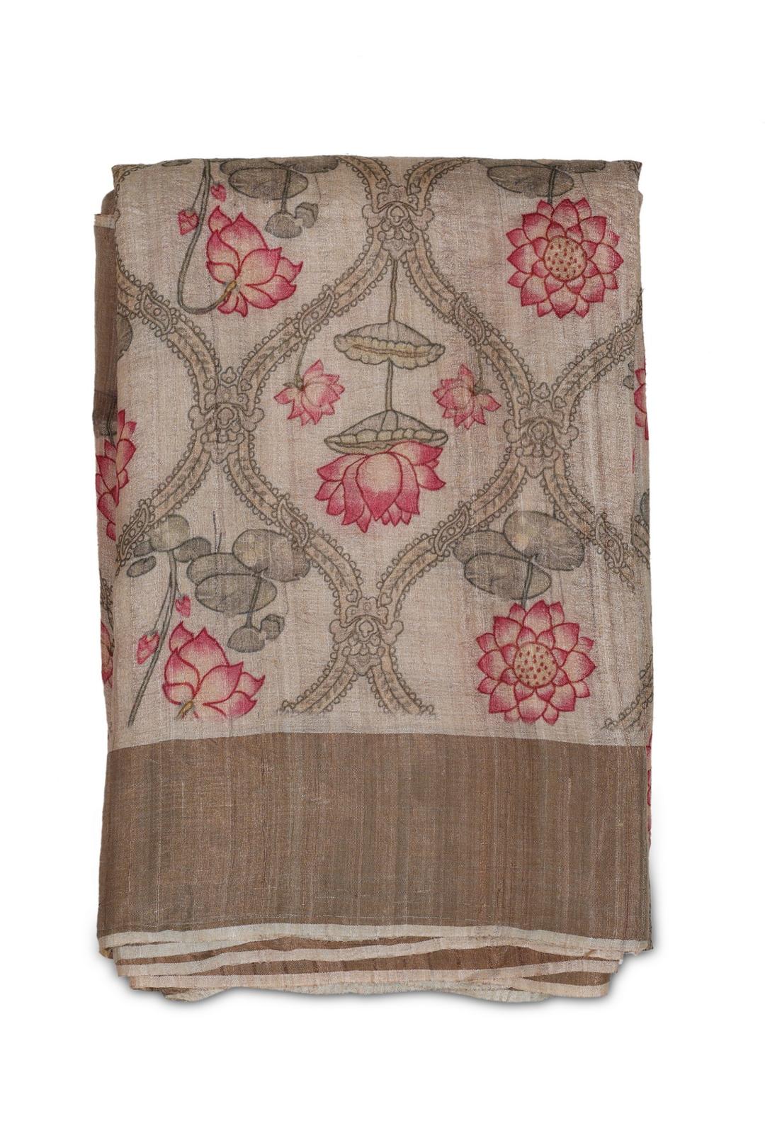 Light Kaki Printed Tussar Saree F00507