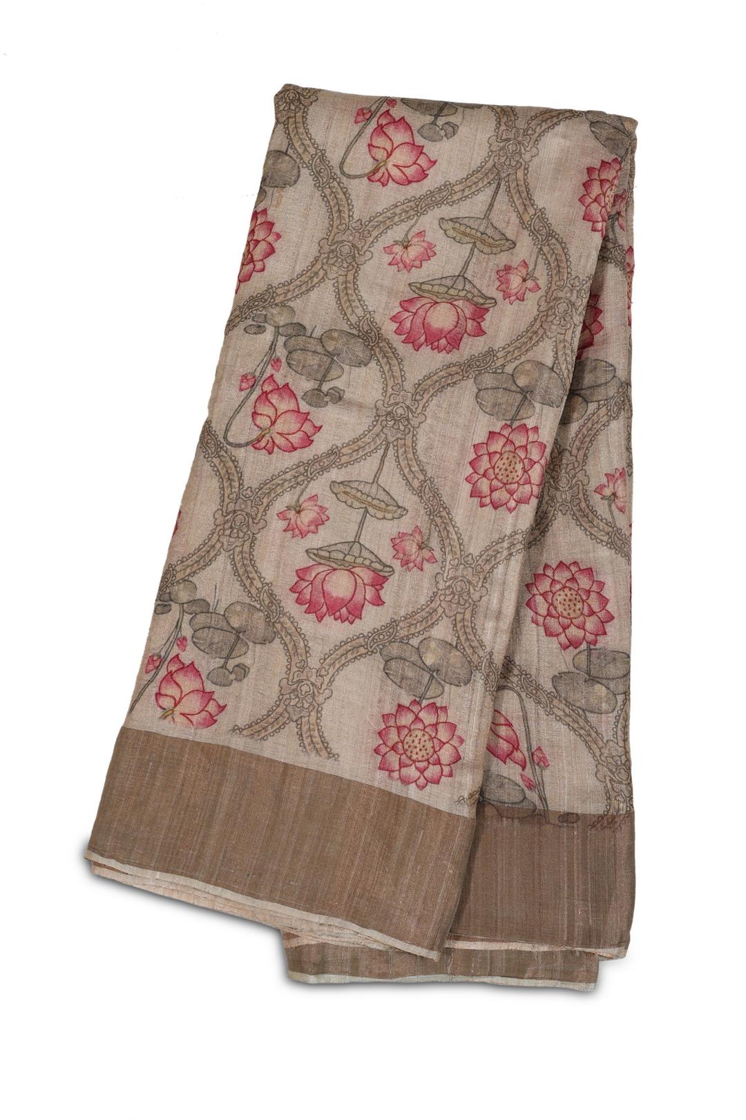 Light Kaki Printed Tussar Saree F00507