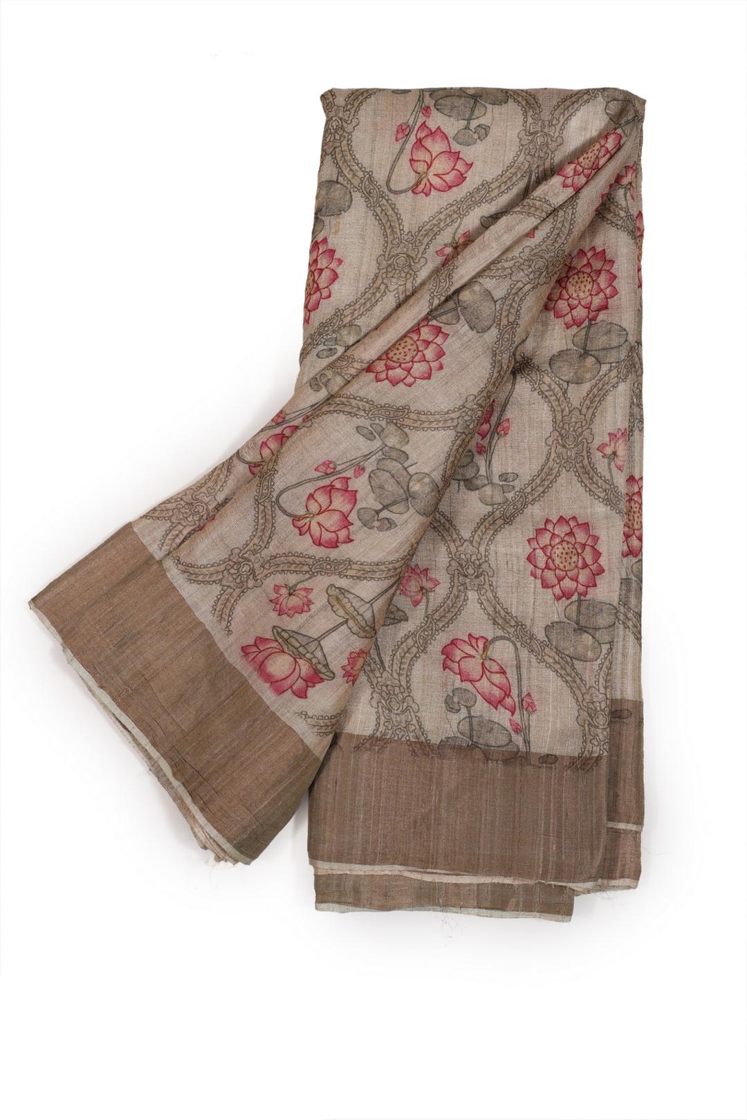 Light Kaki Printed Tussar Saree F00507