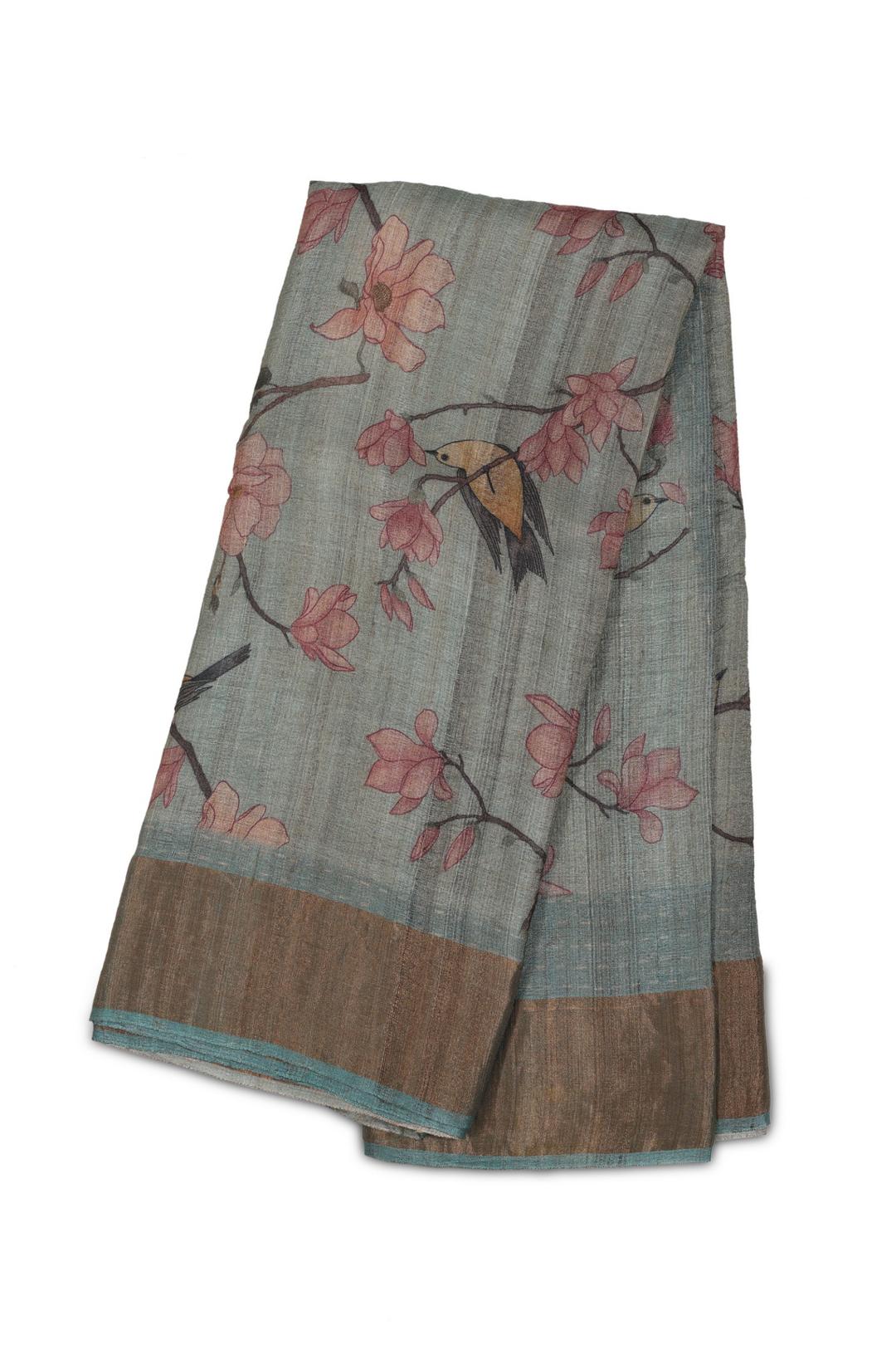 Blue Printed Tussar Saree F00507D