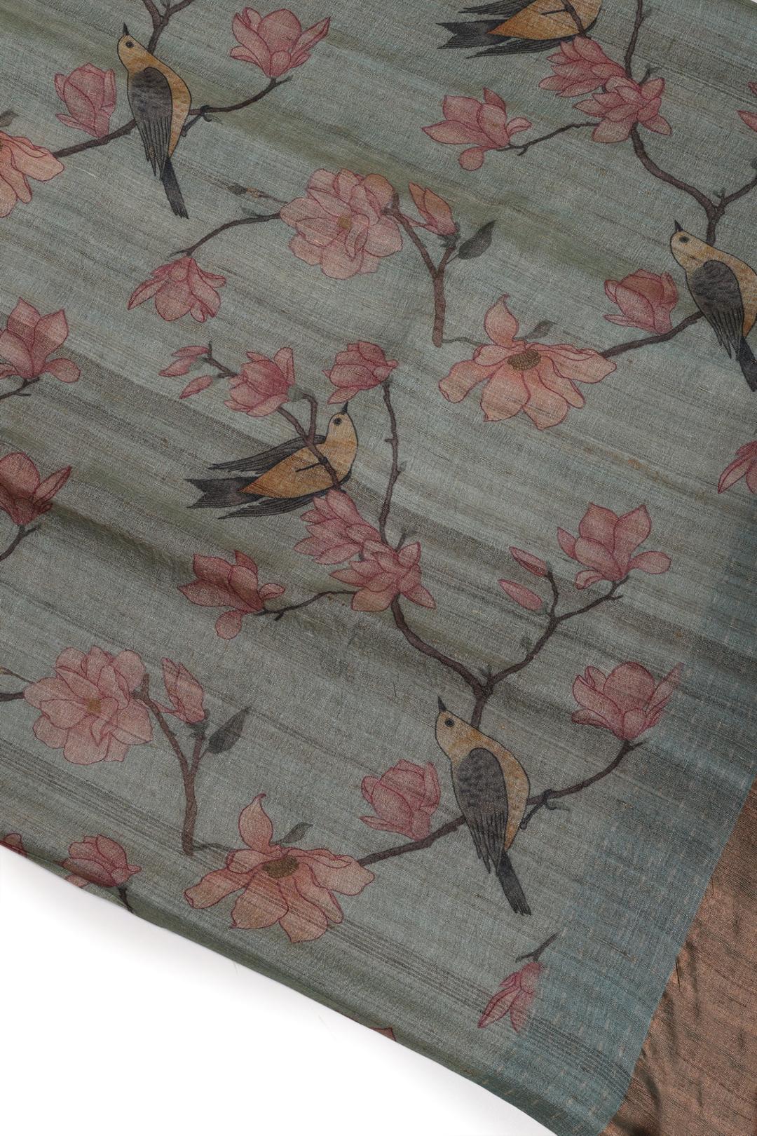 Blue Printed Tussar Saree F00507D