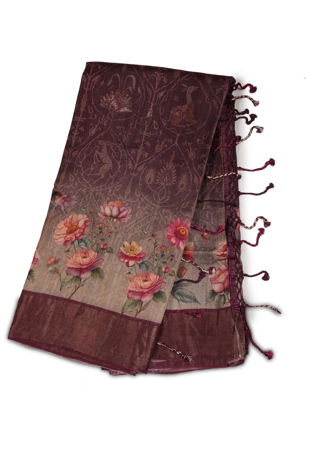 Maroon Printed Tussar Saree F00683A