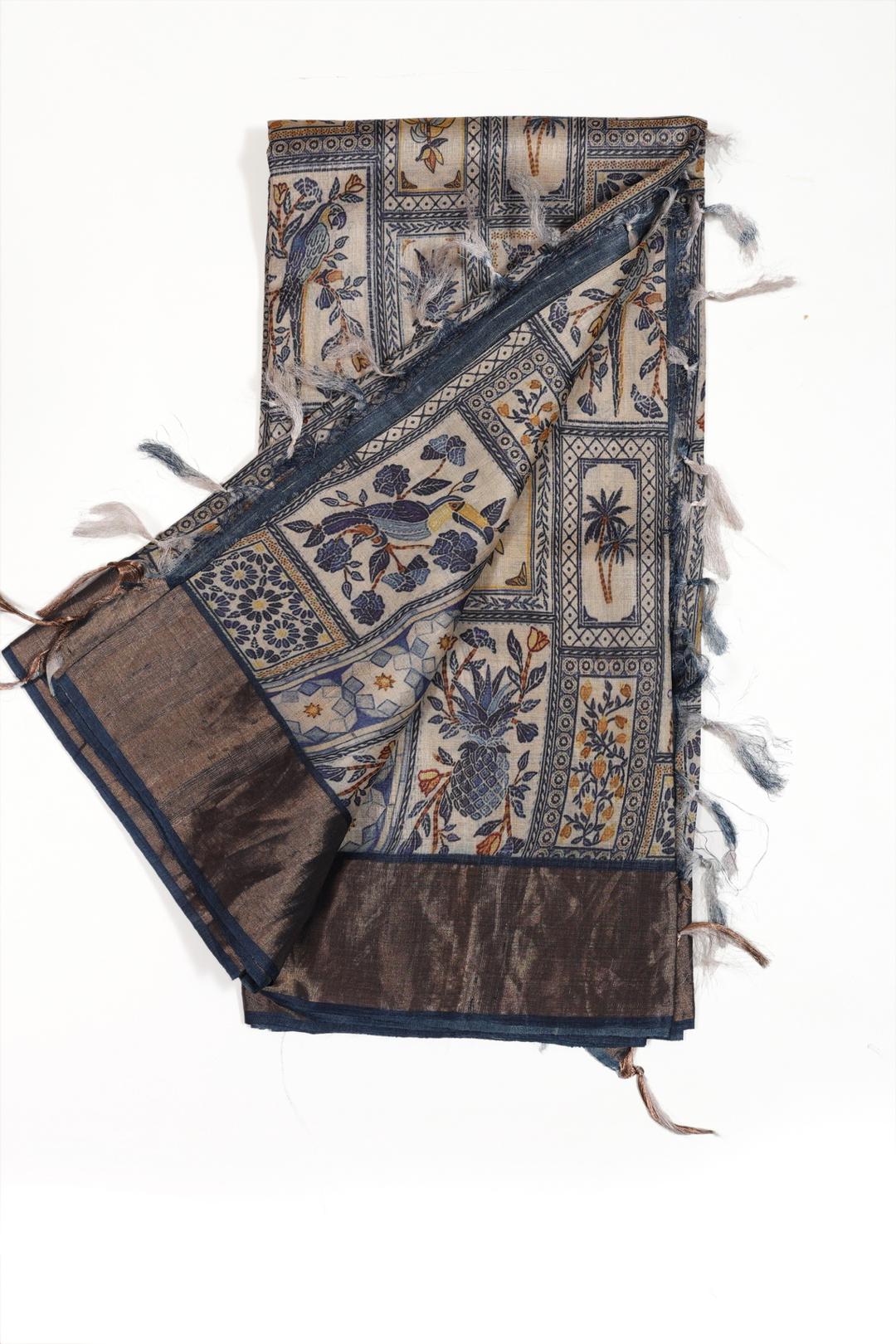 Off White And Blue Printed Tussar Saree F00683B