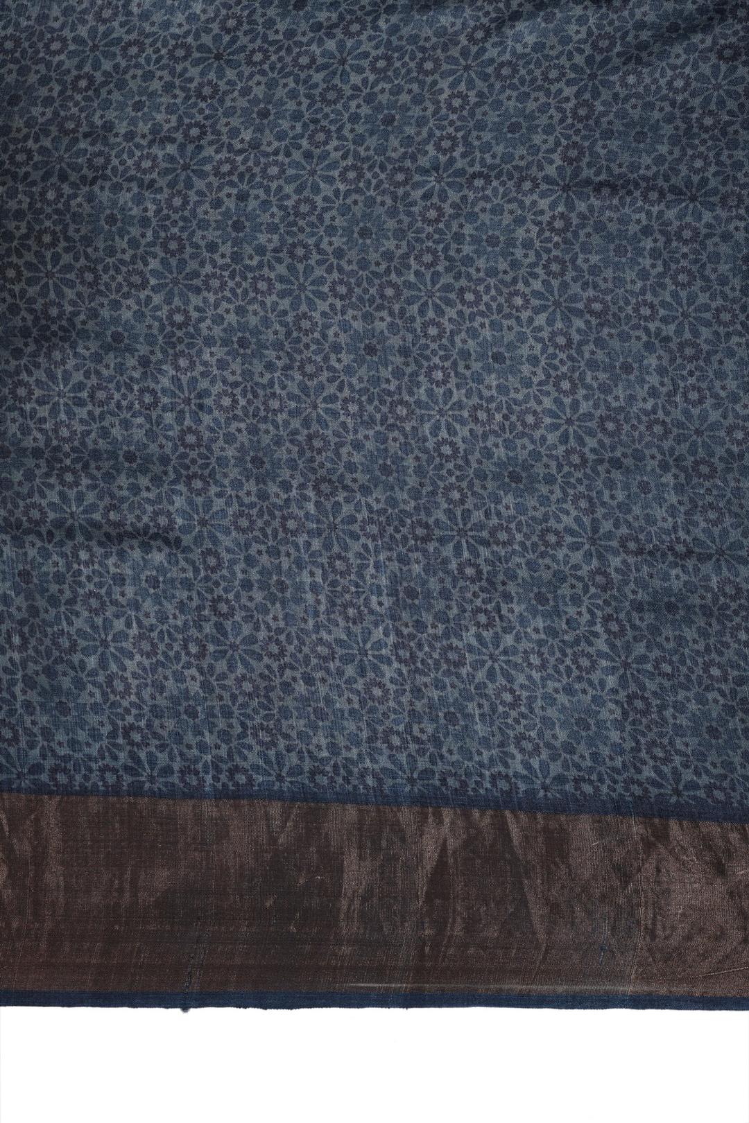 Off White And Blue Printed Tussar Saree F00683B