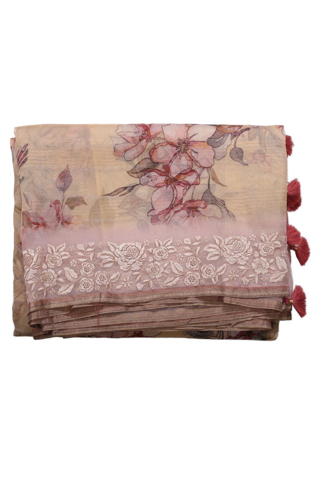 Beige Printed Organza Saree F00678B