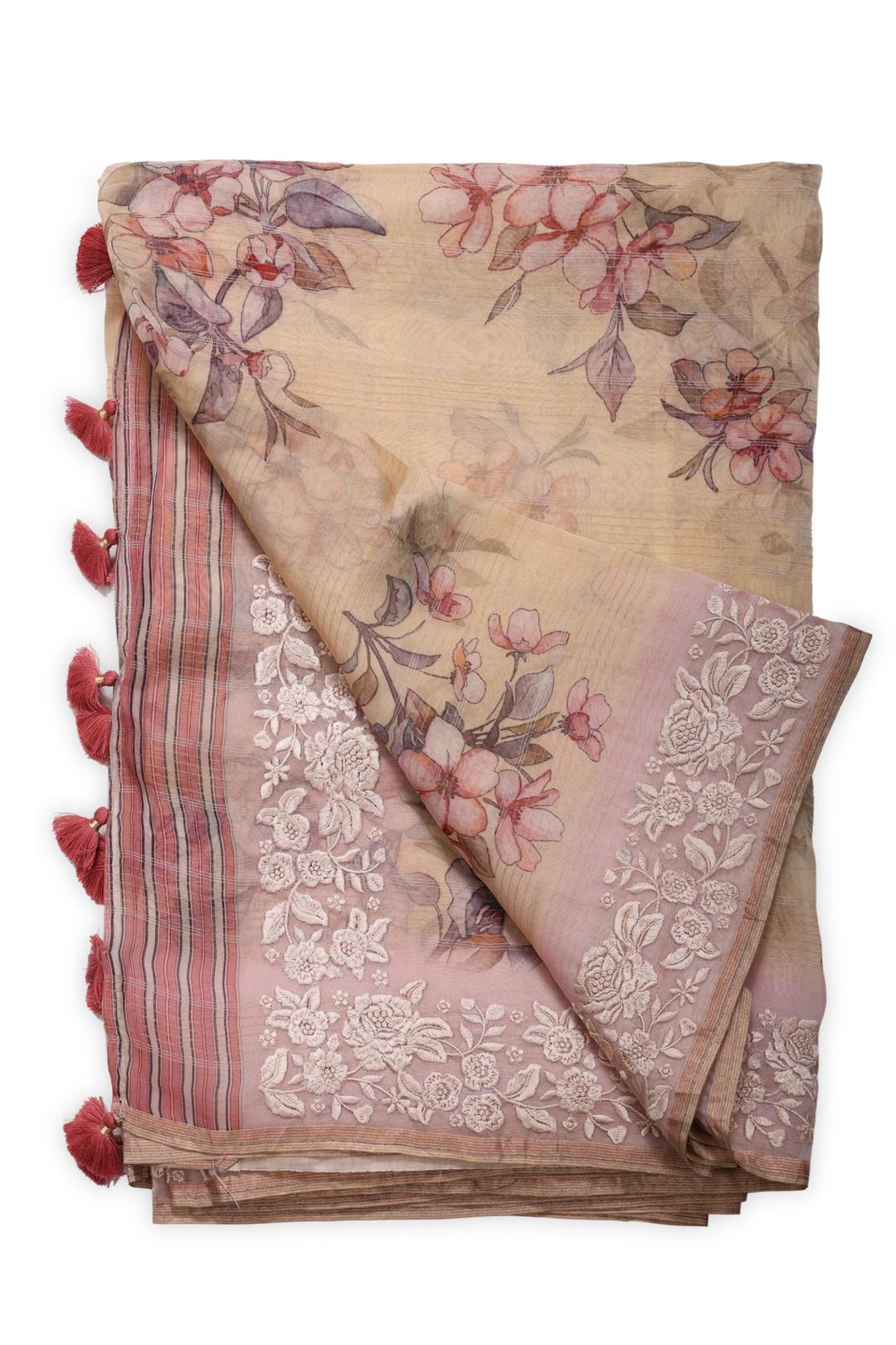 Beige Printed Organza Saree F00678B