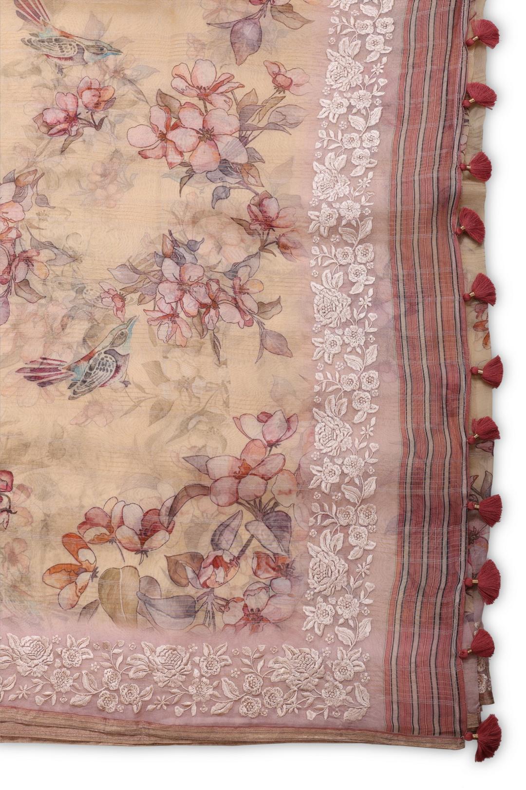 Beige Printed Organza Saree F00678B