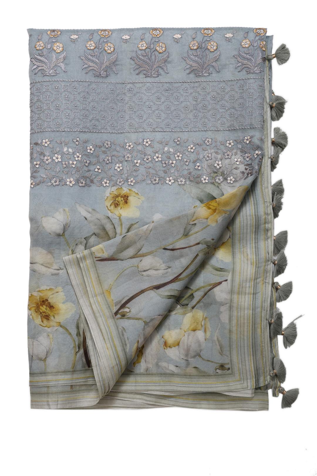 Grey Printed Tussar Saree F00684B
