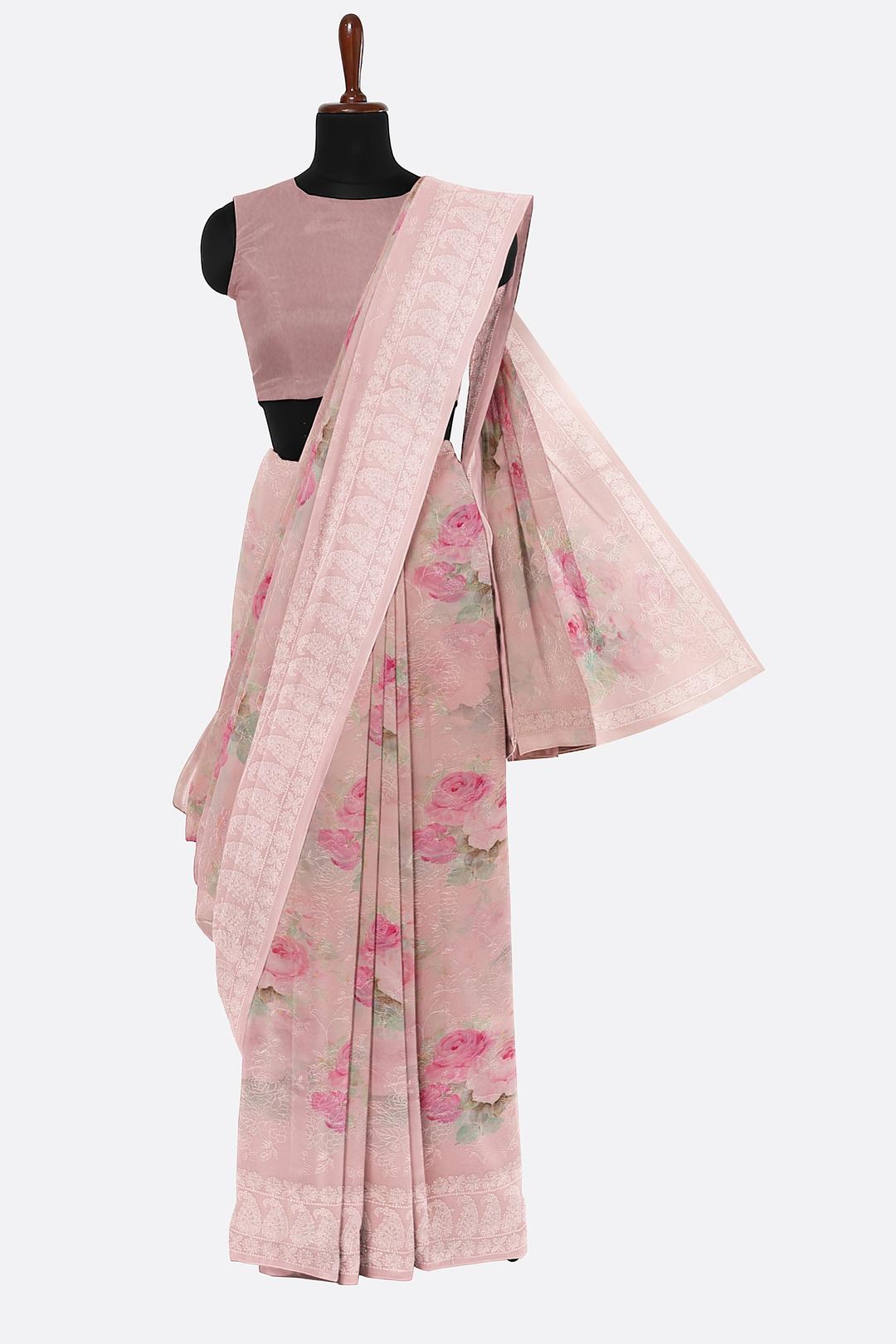 Baby Pink Printed Georgette Saree F00821