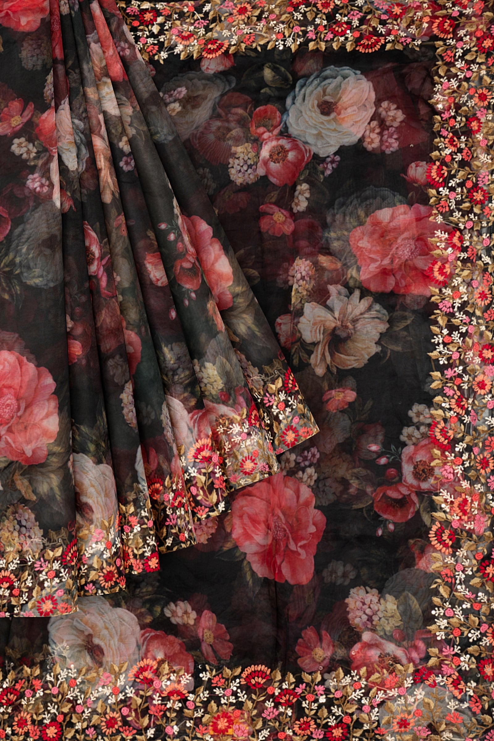 Black Printed Organza Saree F01090