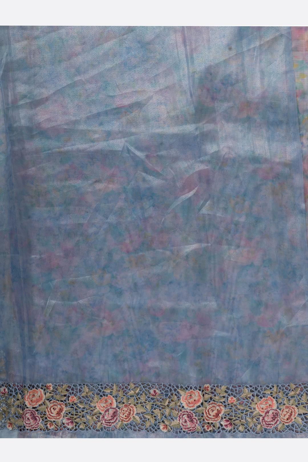 Blue Printed Organza Saree F01008