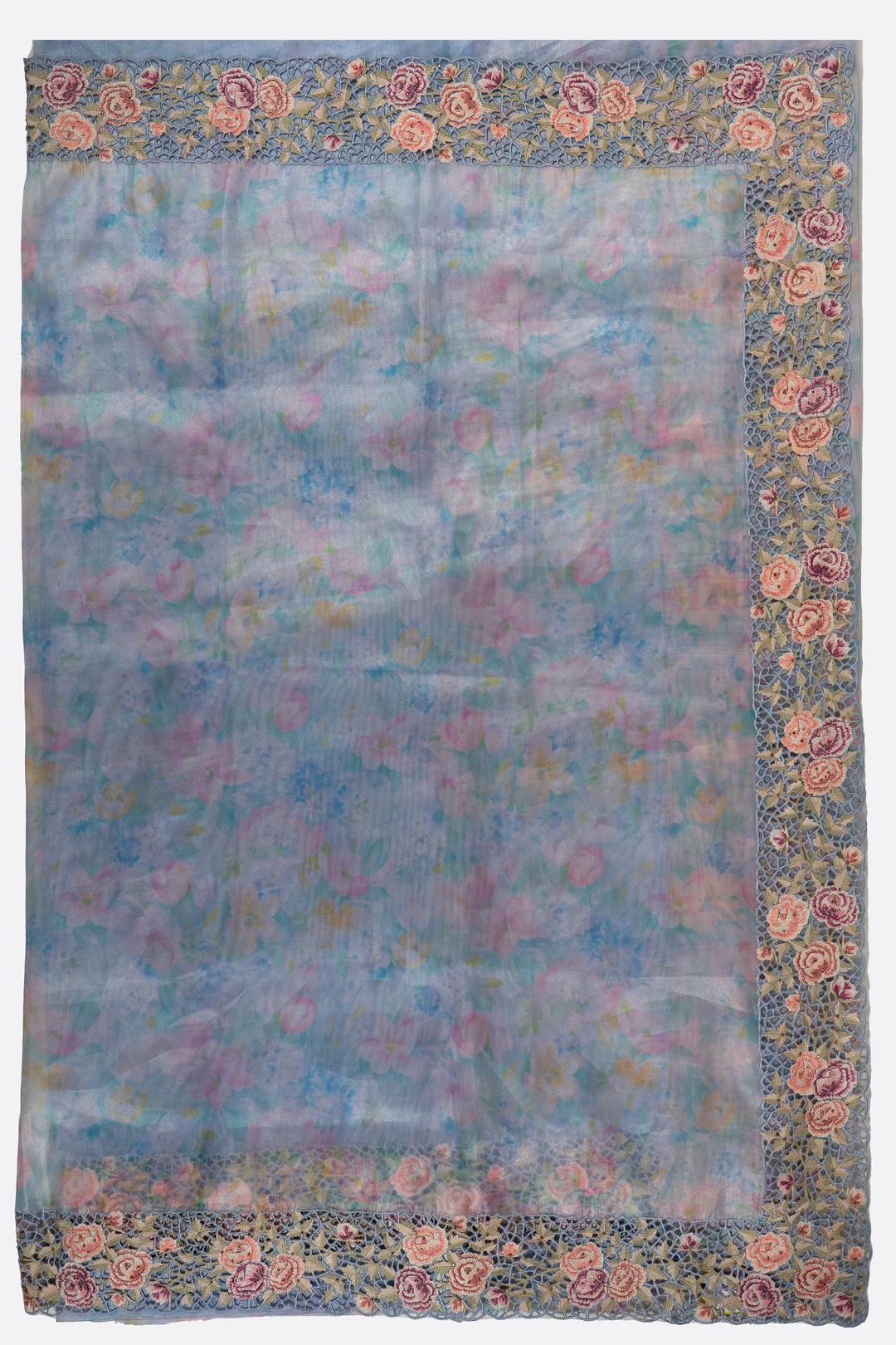 Blue Printed Organza Saree F01008