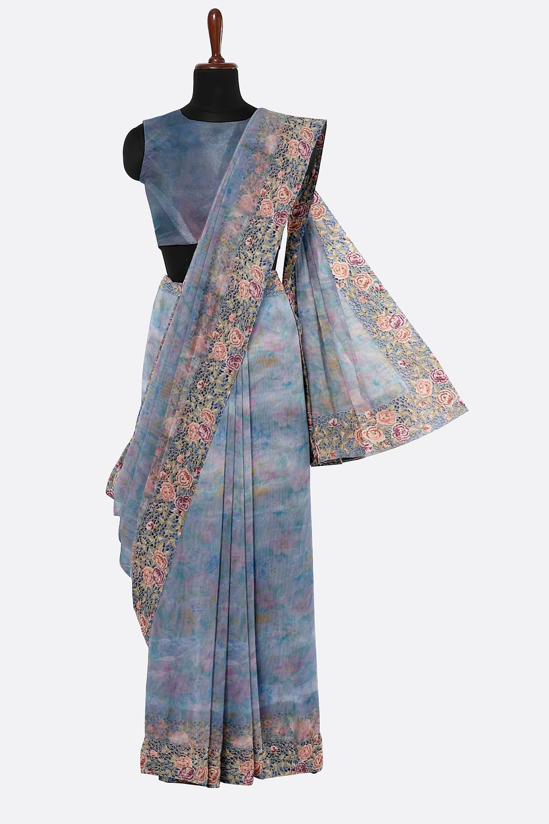 Blue Printed Organza Saree F01008