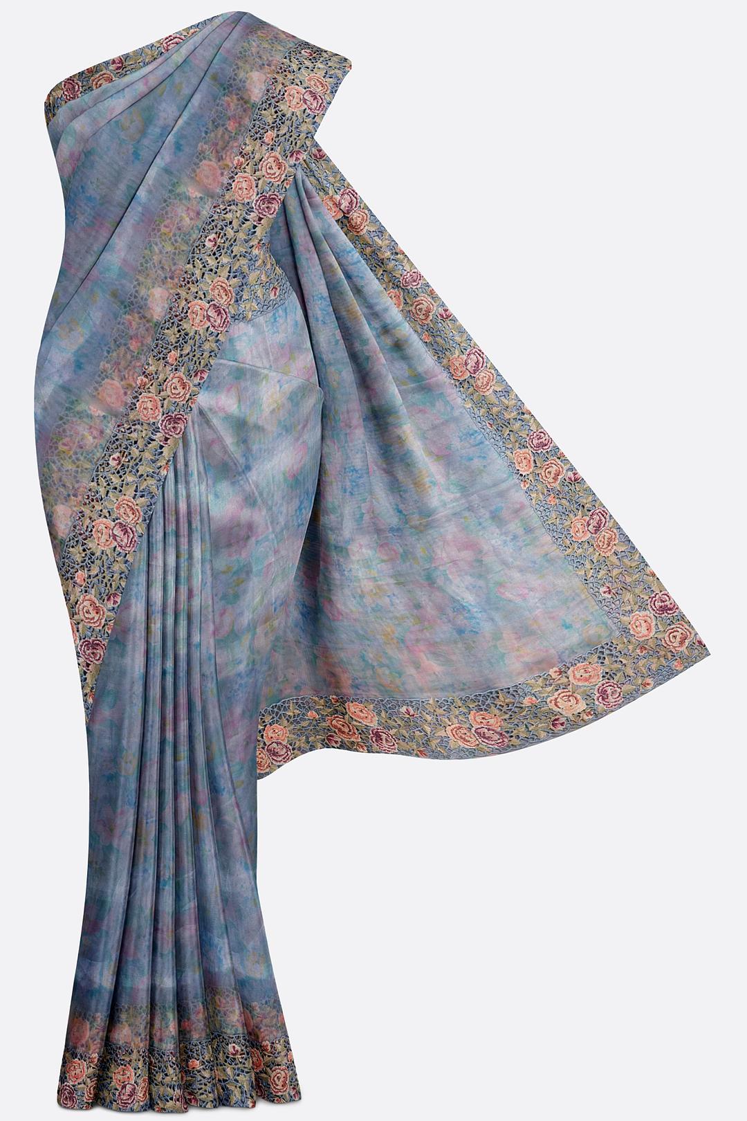 Blue Printed Organza Saree F01008