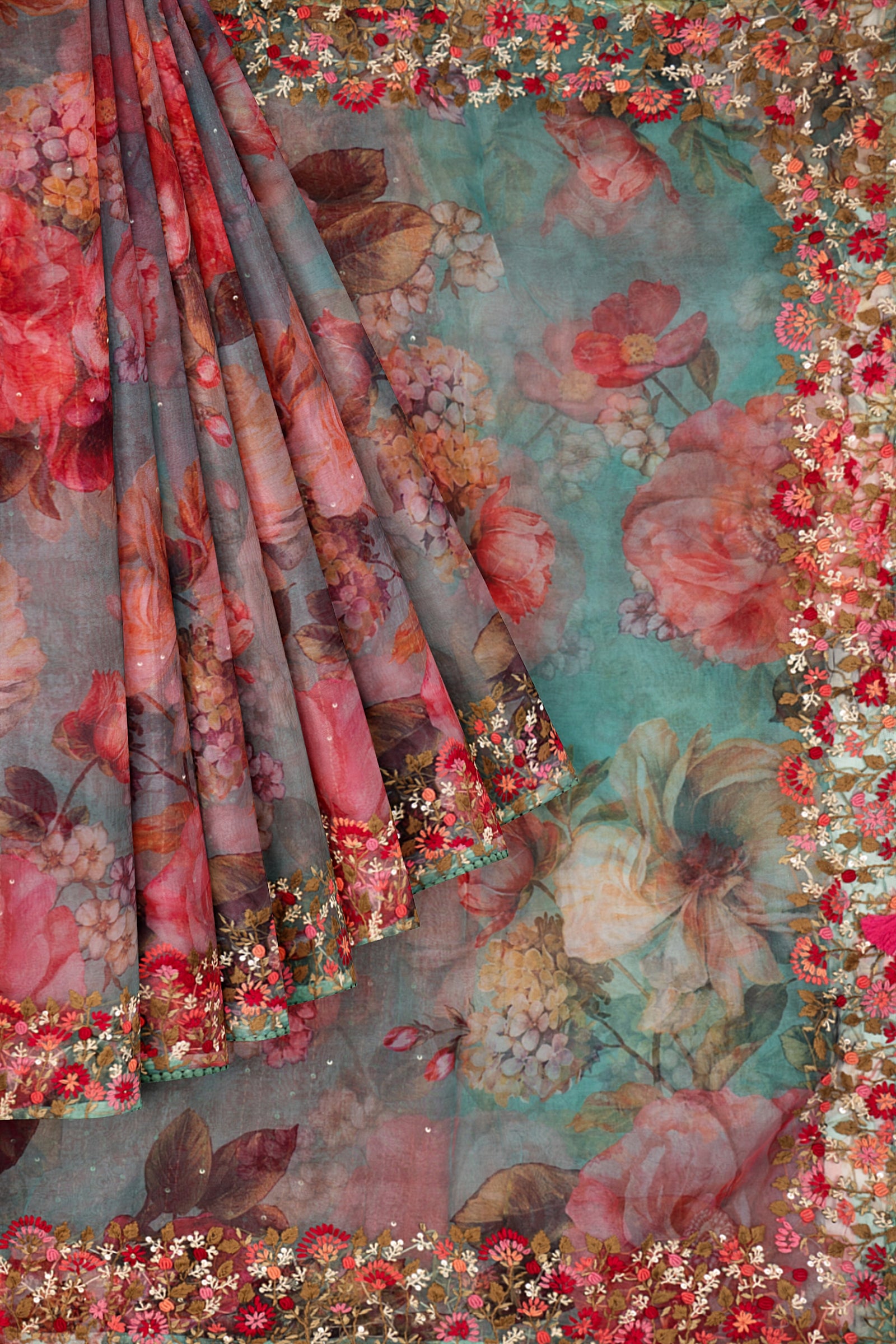 Blue Printed Organza Saree F01090