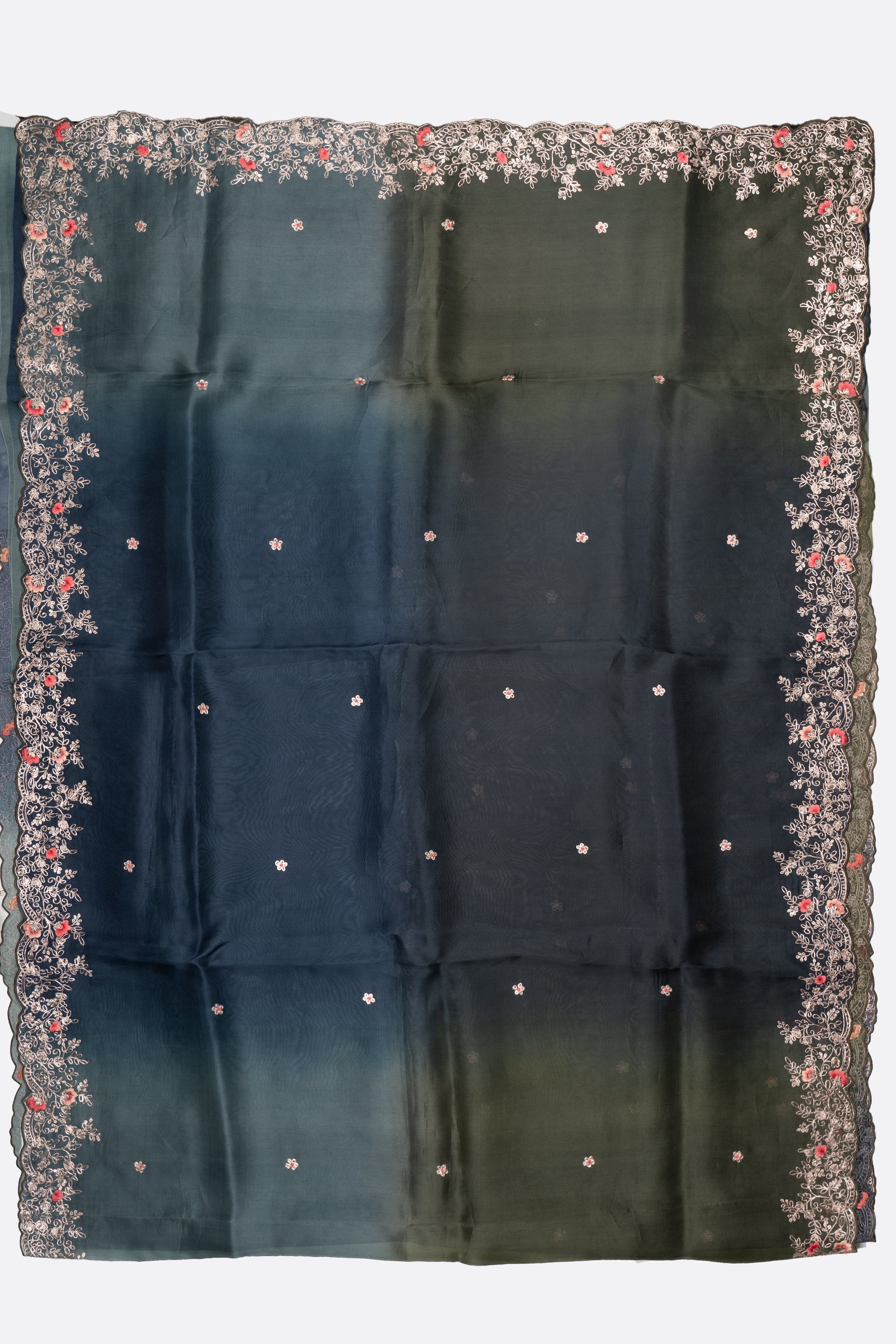 Blue Green Embellished Organza Saree F01124