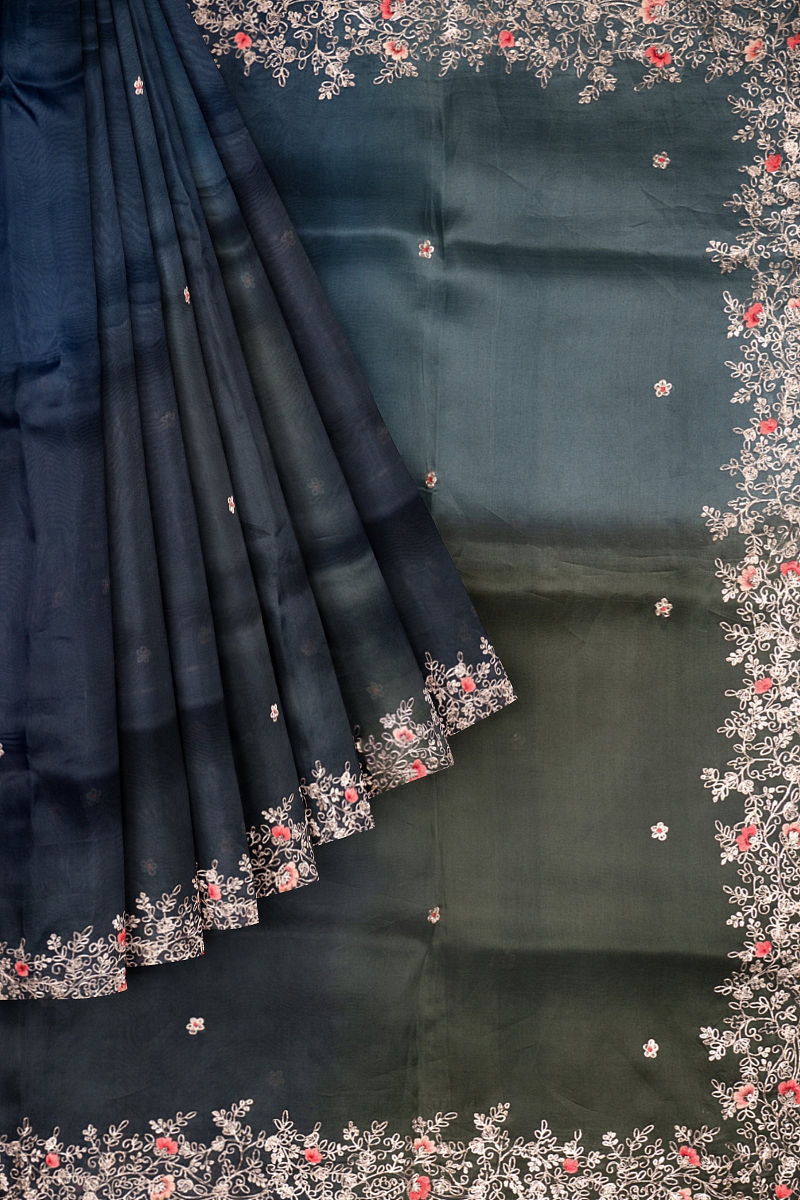 Blue Green Embellished Organza Saree F01124