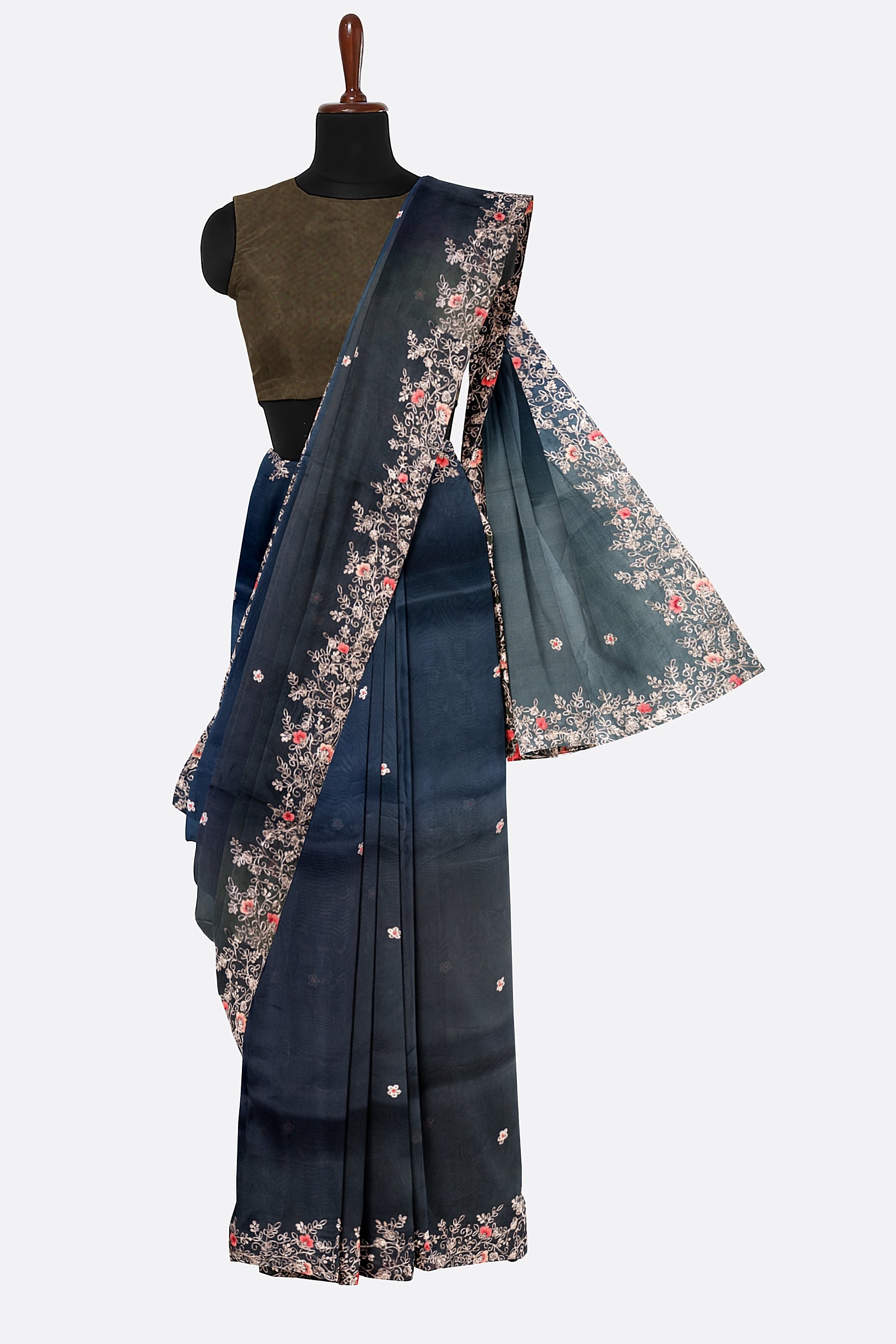 Blue Green Embellished Organza Saree F01124