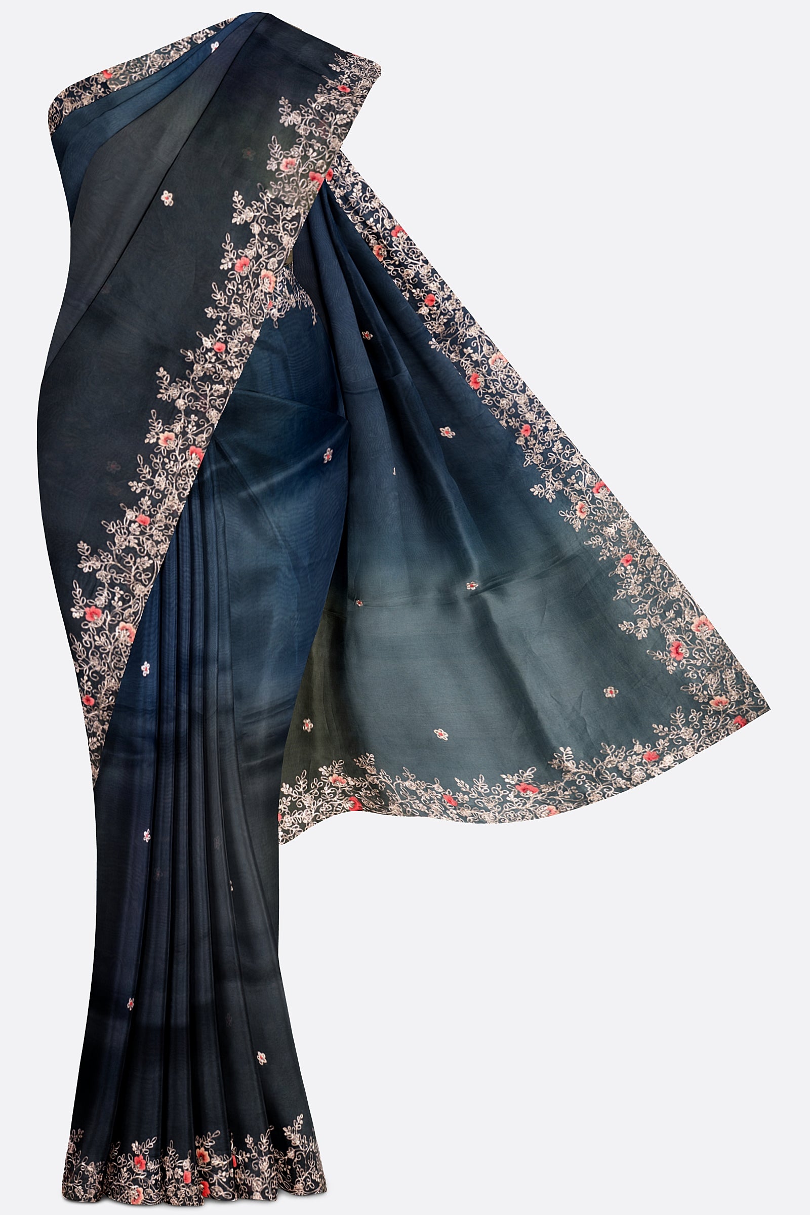 Blue Green Embellished Organza Saree F01124