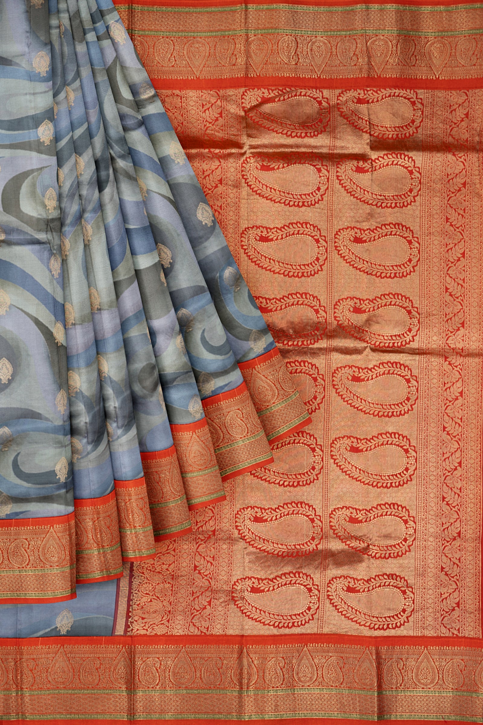Blue Grey Printed Gadwal Silk Saree ES1201