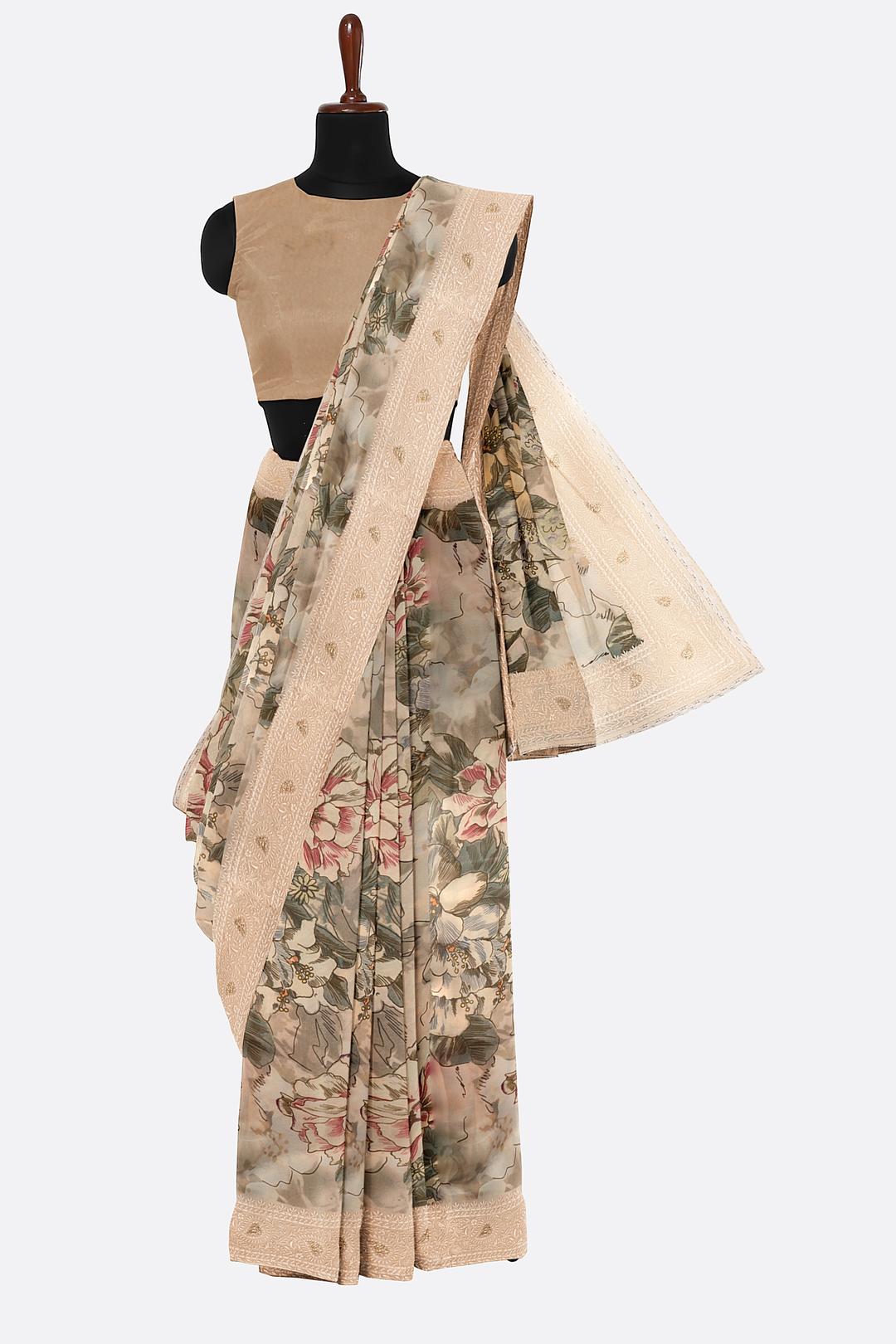 Cream Printed Georgette Saree ES1253