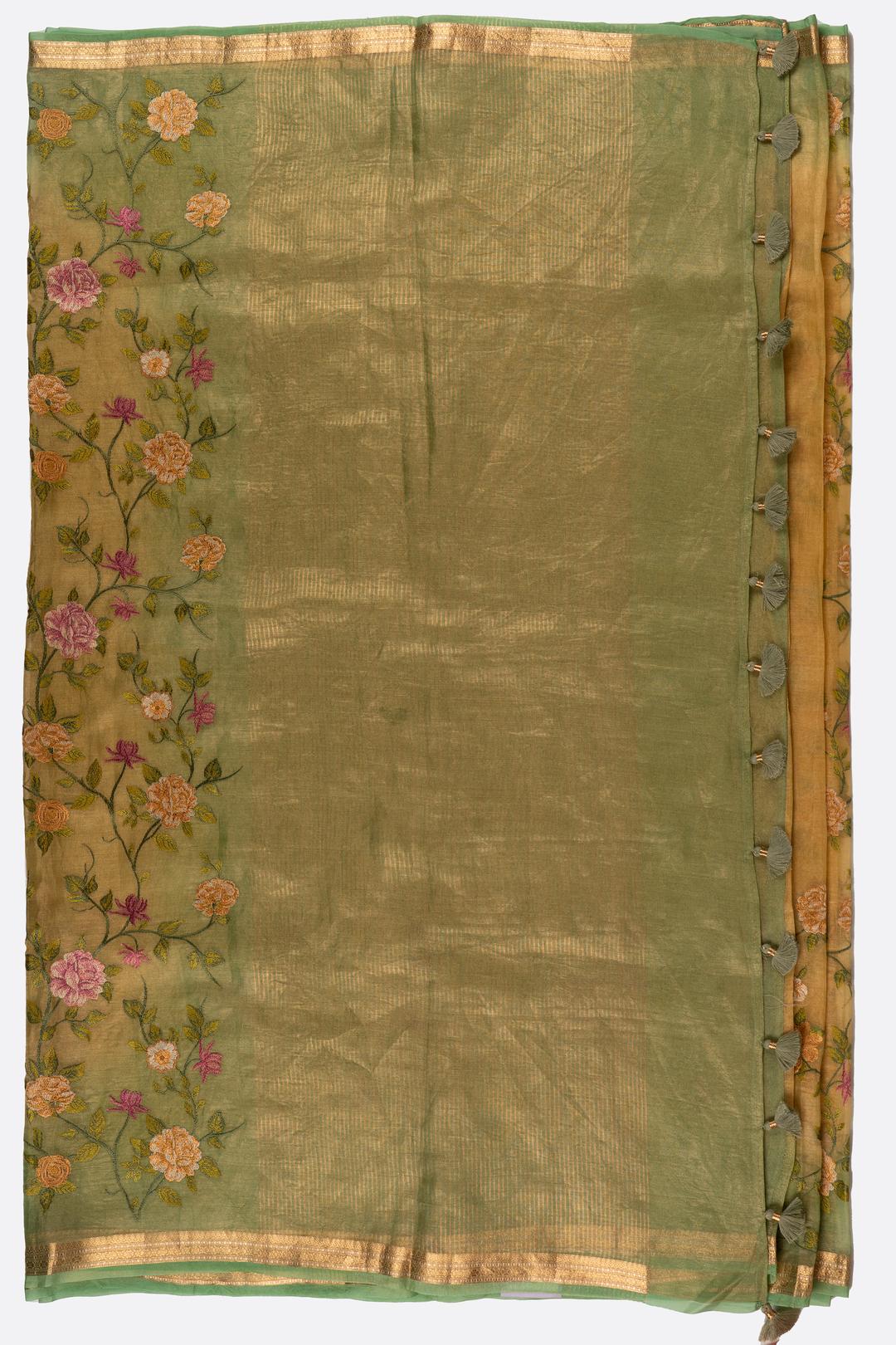 Green Embroidered Tissue Saree F00680