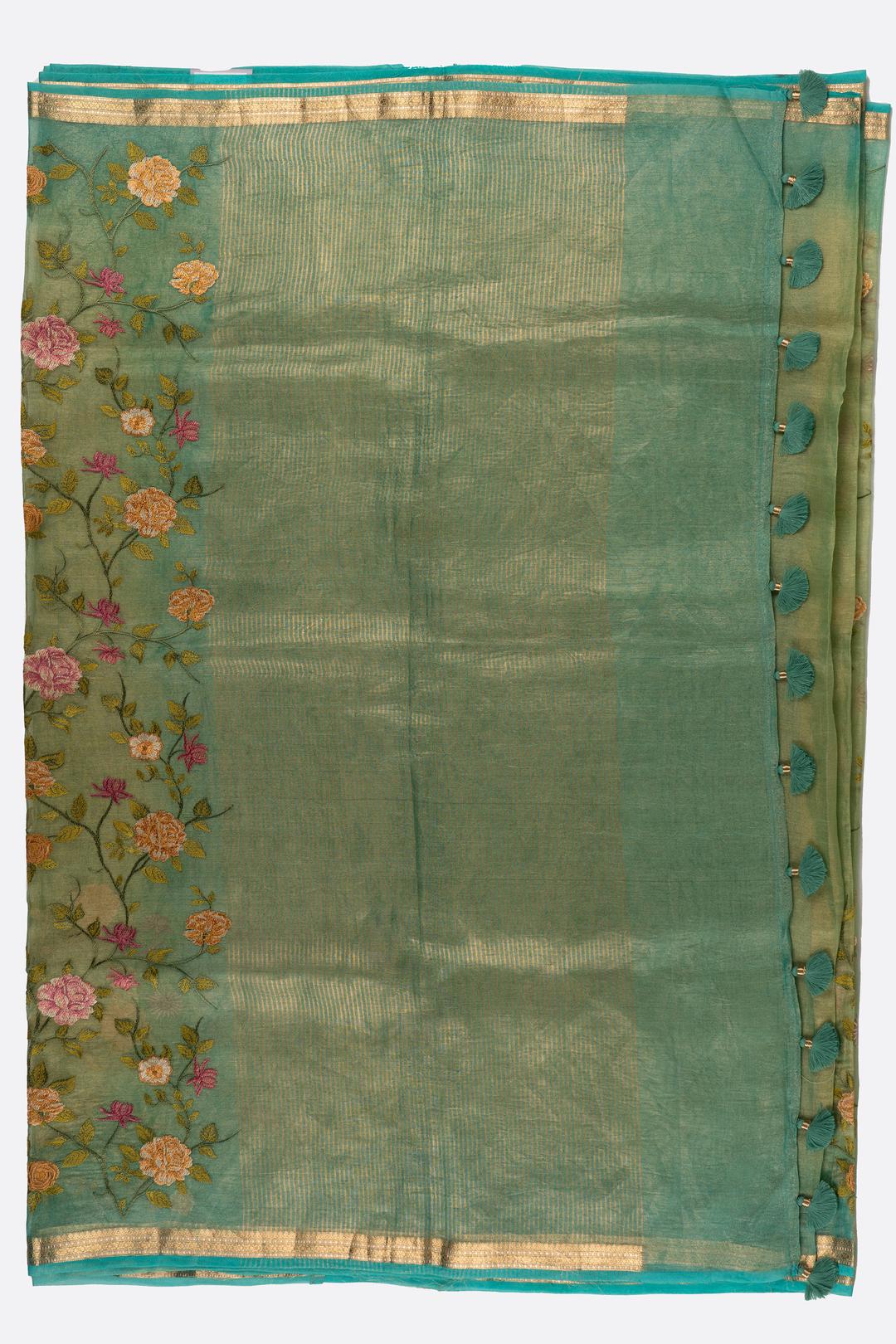 Green Embroidered Tissue Saree F00680