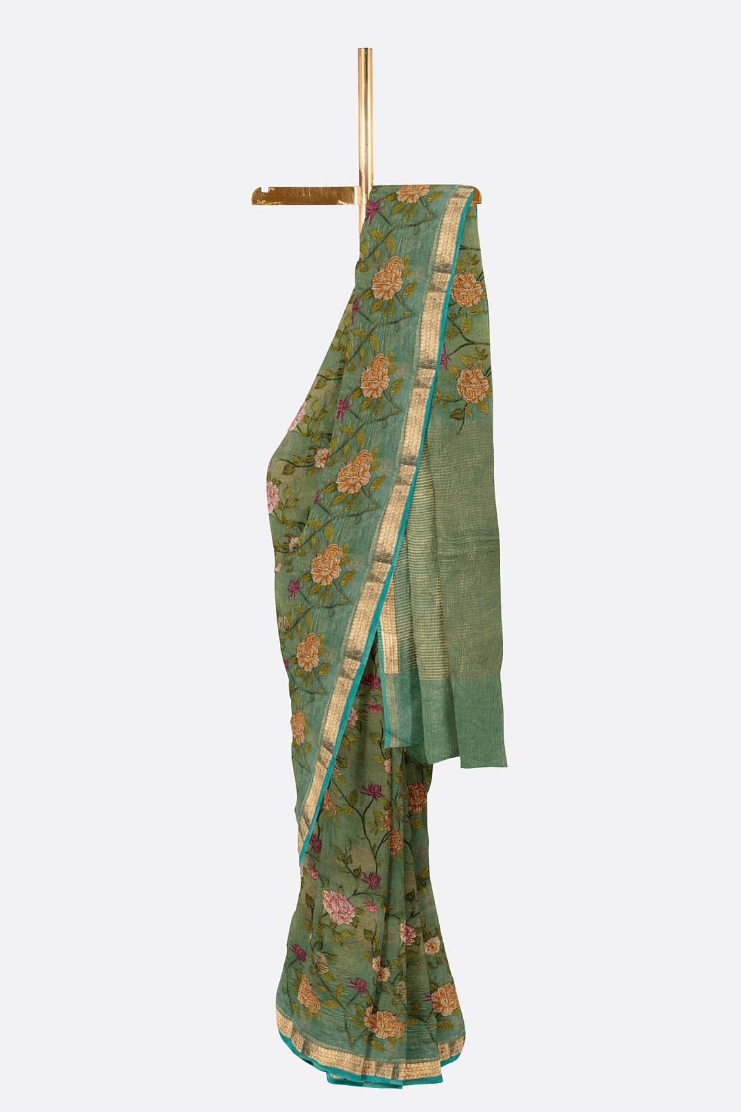 Green Embroidered Tissue Saree F00680