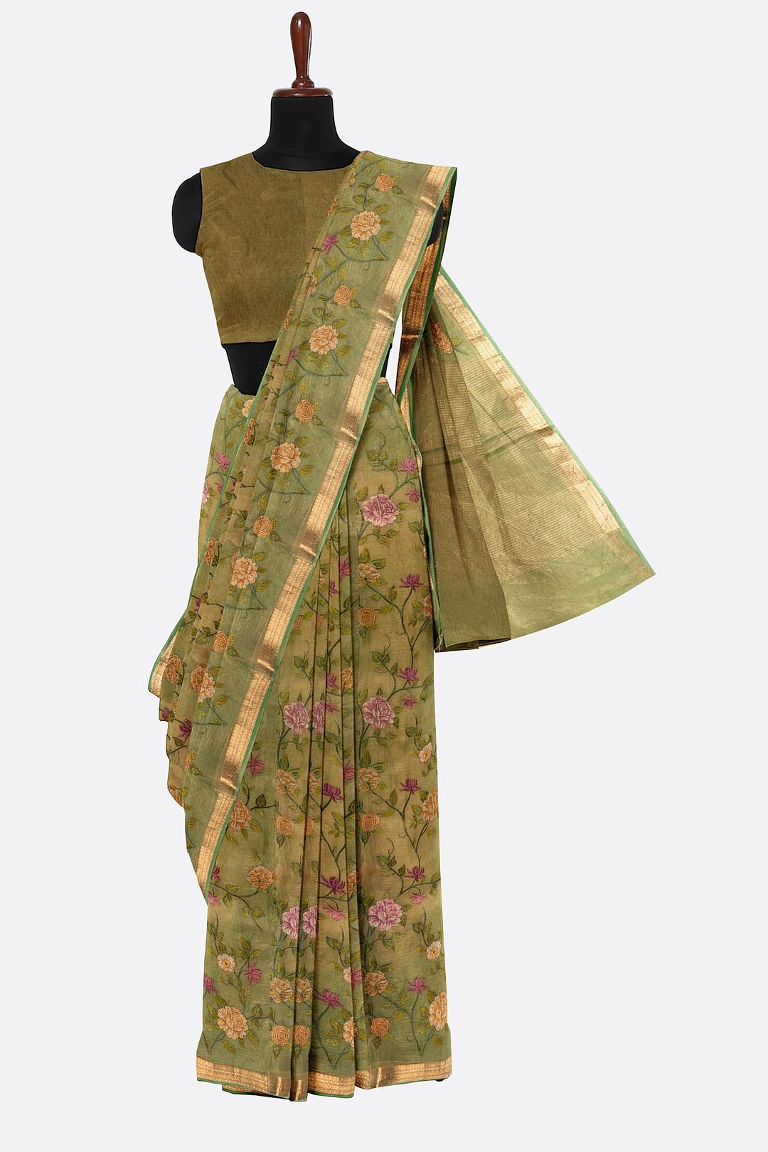 Green Embroidered Tissue Saree F00680