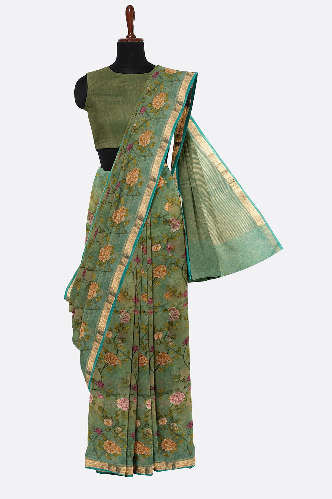 Green Embroidered Tissue Saree F00680