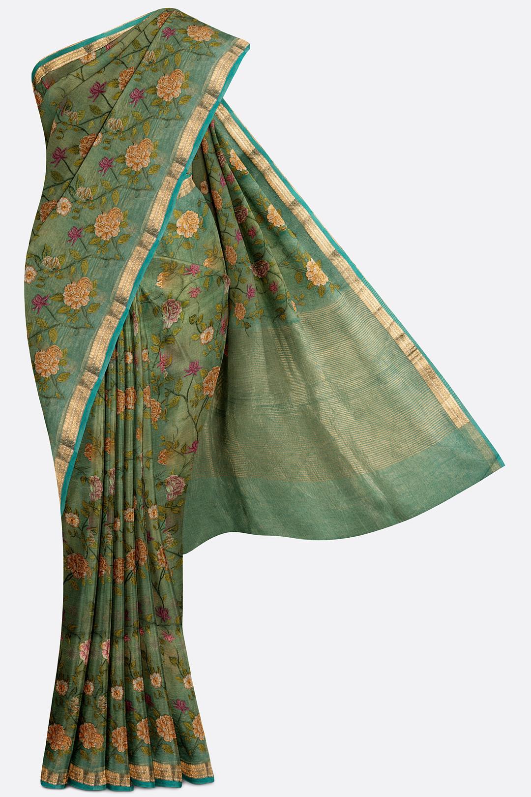 Green Embroidered Tissue Saree F00680