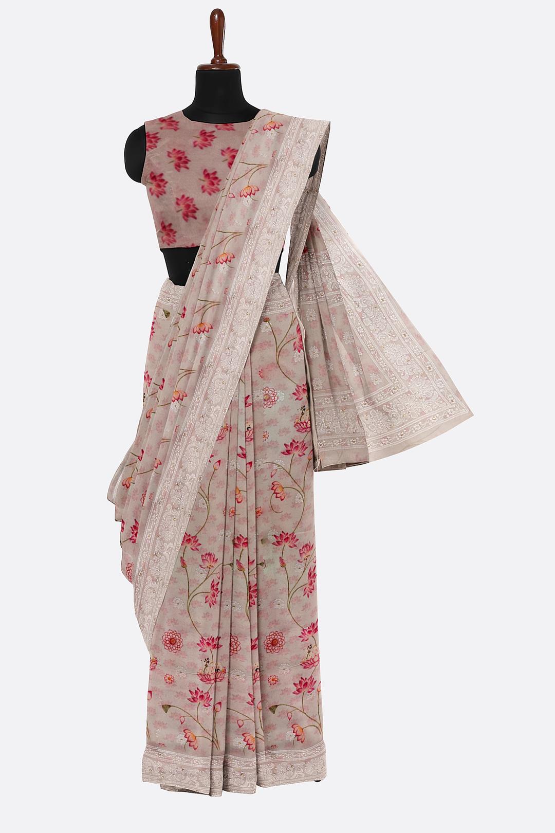 Grey Printed Embroidered Saree F00476
