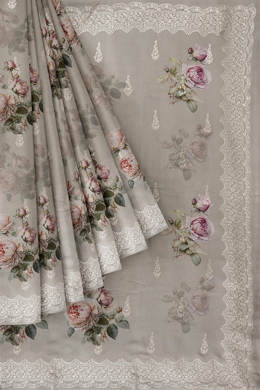 Grey Printed Georgette Saree F00817