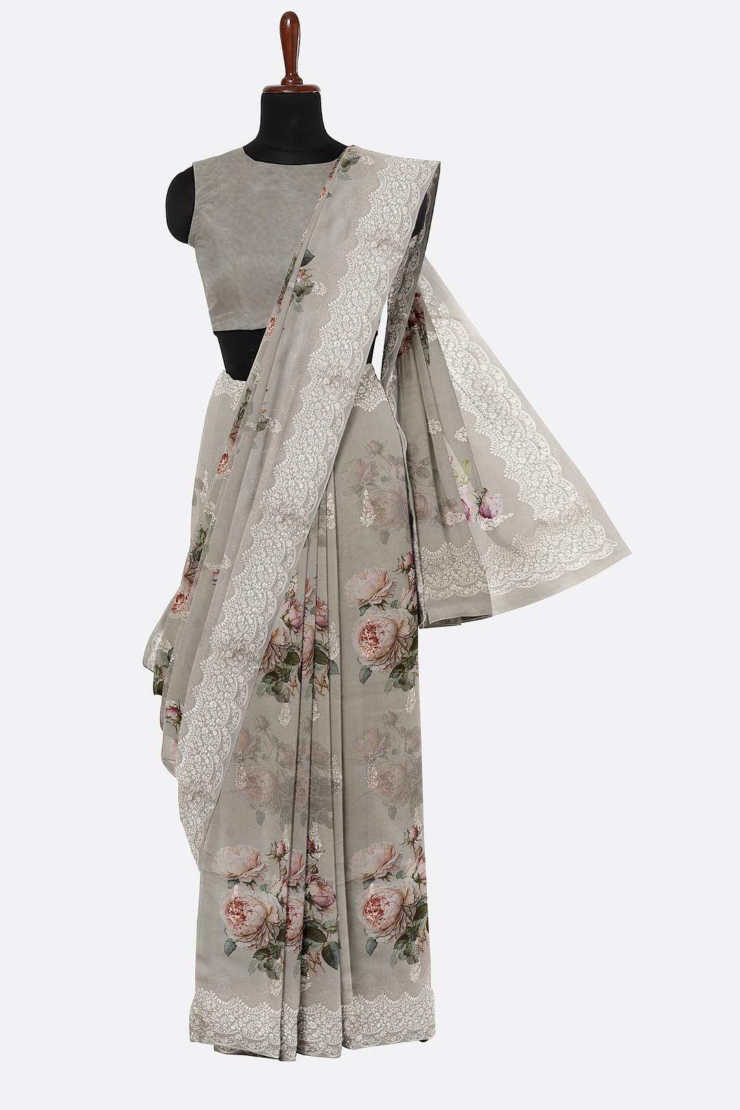 Grey Printed Georgette Saree F00817