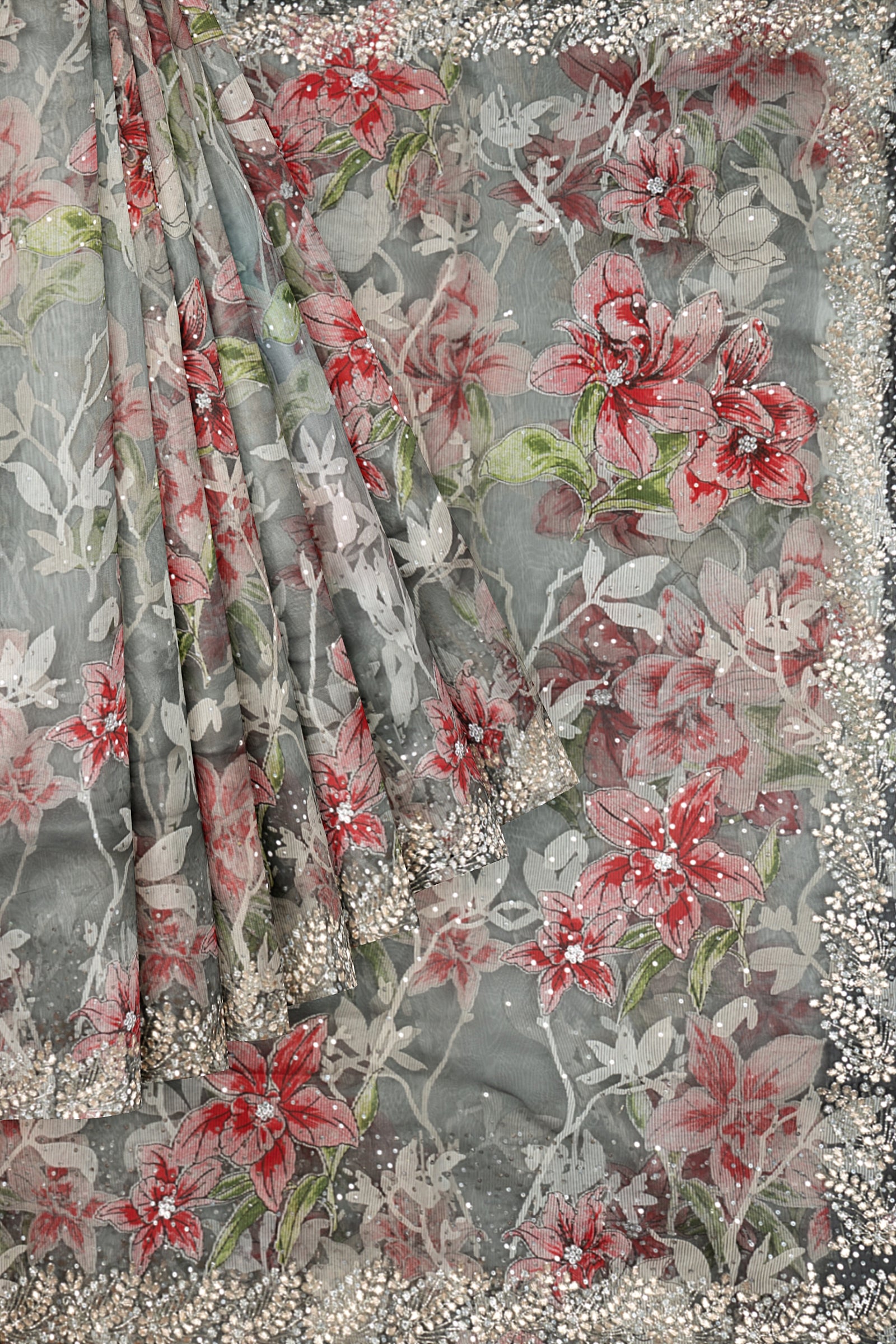 Grey Printed Organza Saree ES0324