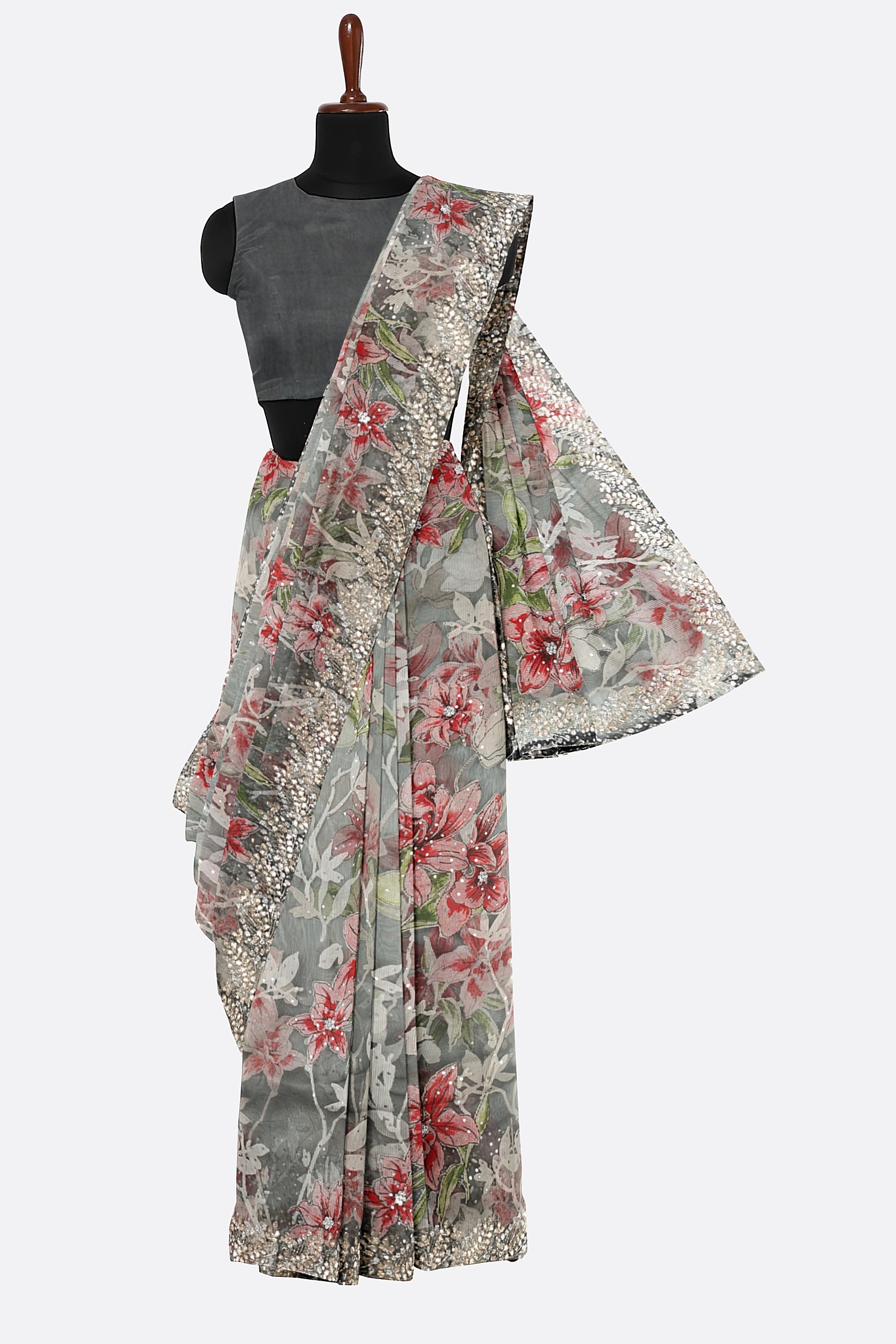 Grey Printed Organza Saree ES0324