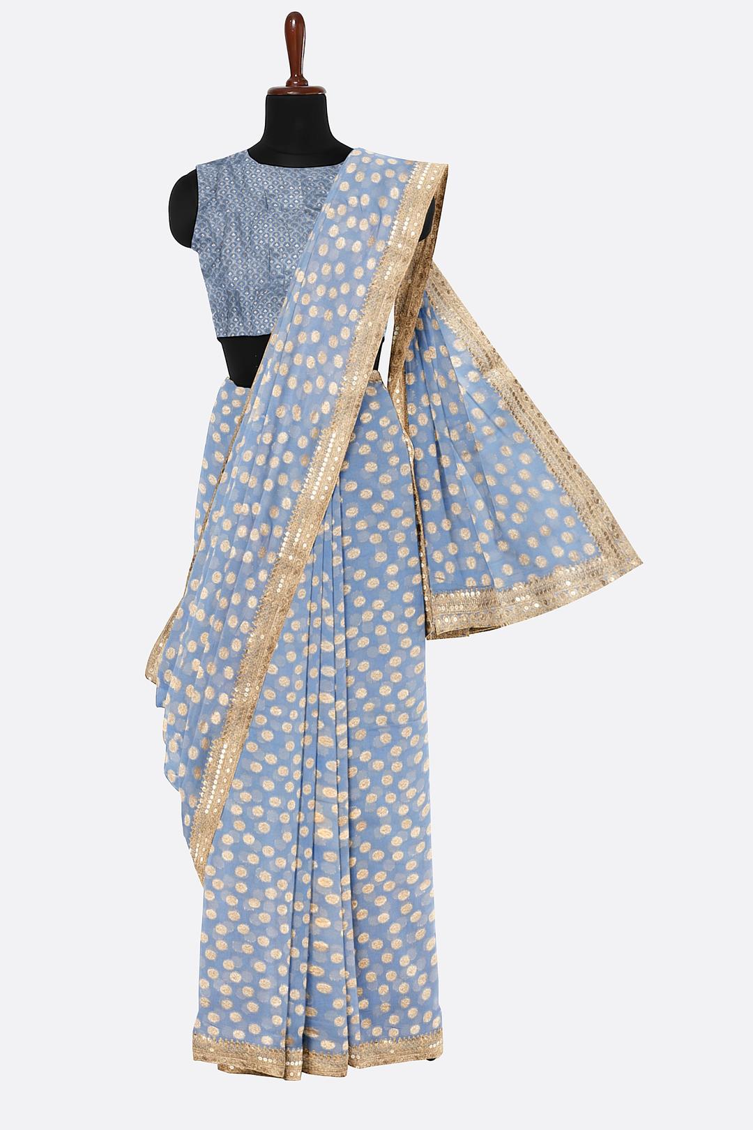 Ice Blue Zari Georgette Saree ES1346