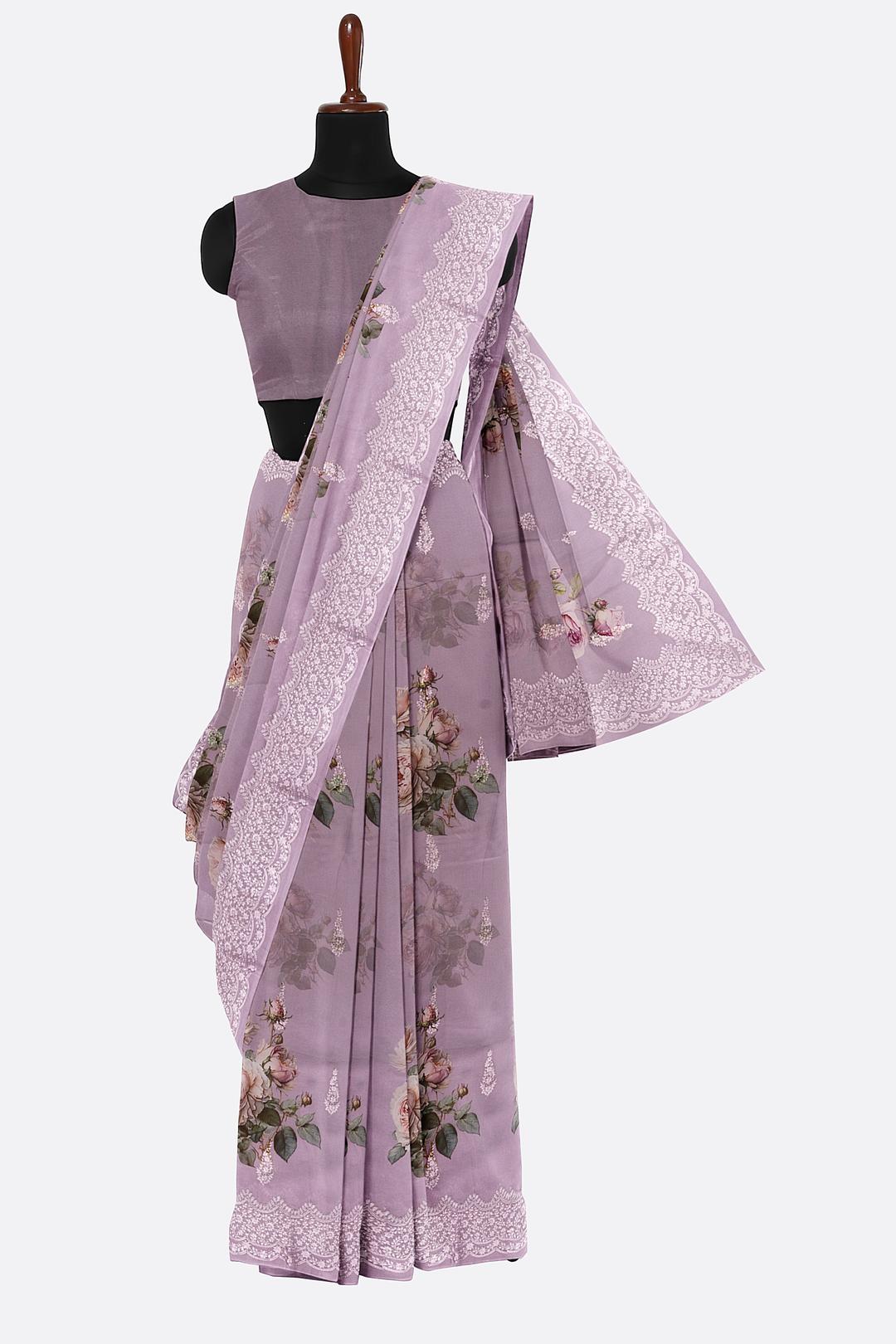 Lavender Printed Georgette Saree F00817