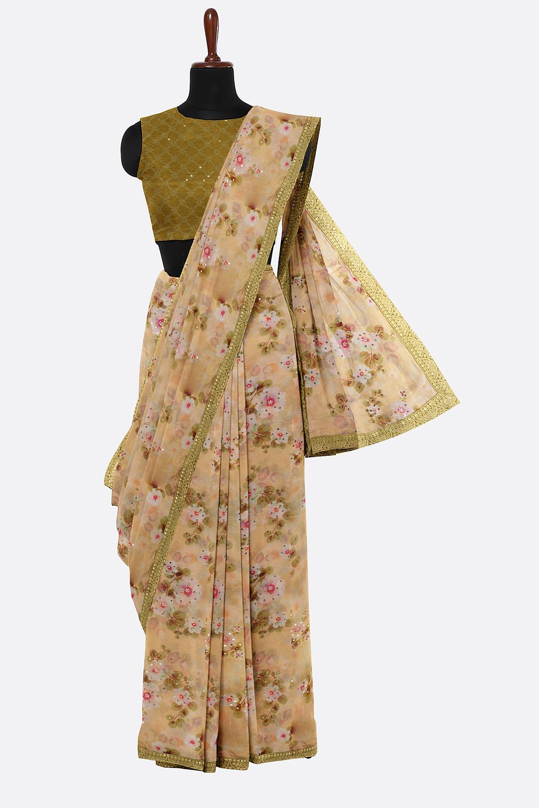 Lemon Yellow Printed Georgette Saree F00770